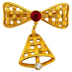 EISENBERG ICE signed vintage gold tone rhinestones bow bell designer brooch