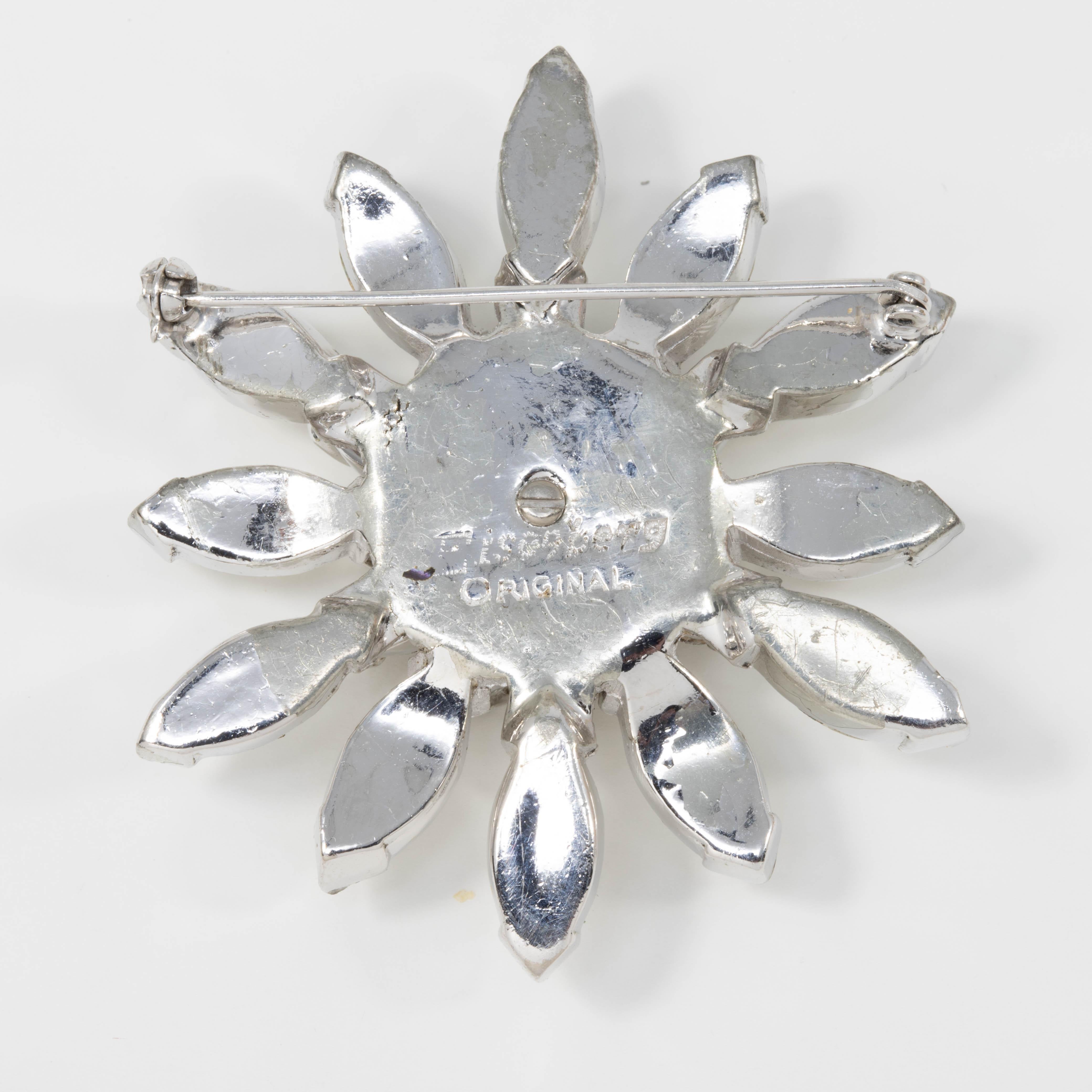 Retro Eisenberg Original Crystal Flower Star Pin Brooch in Silver, 1940s