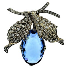Eisenberg pin in the style of a blue fruit, leaves, sterling gold plated, 1940s
