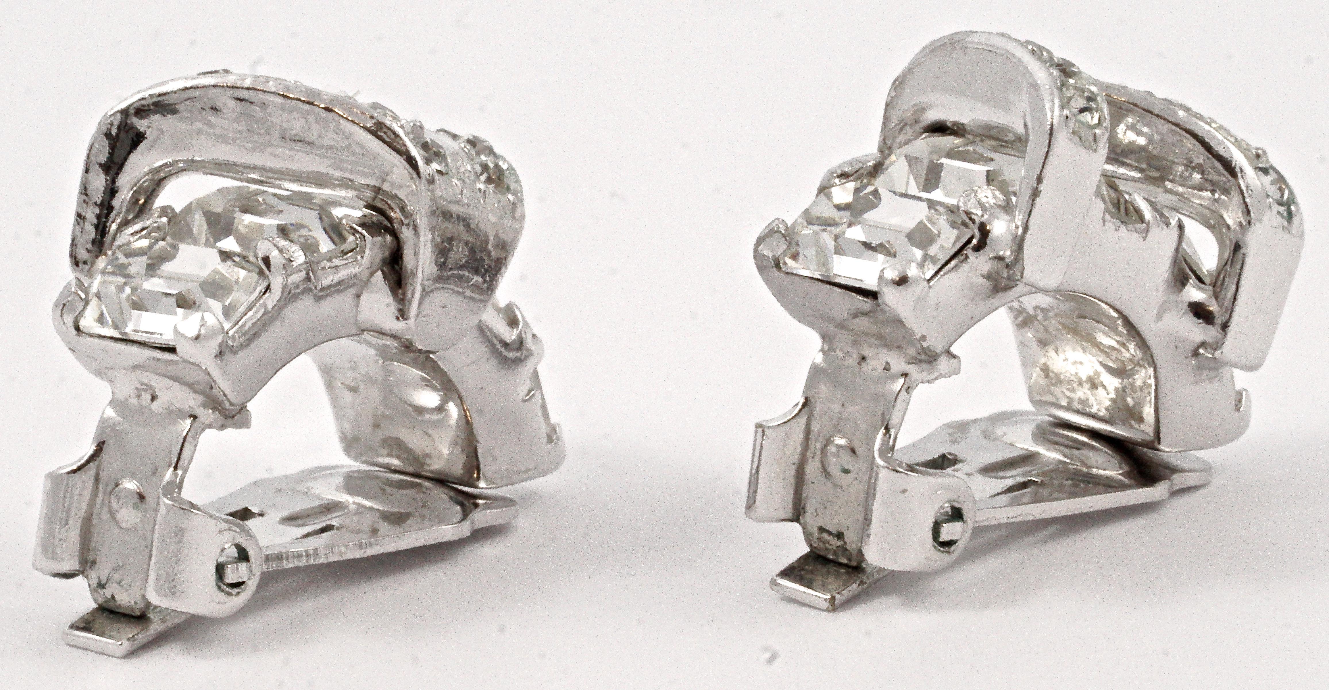 Eisenberg Silver Tone and Clear Rhinestone Clip On Earrings 1