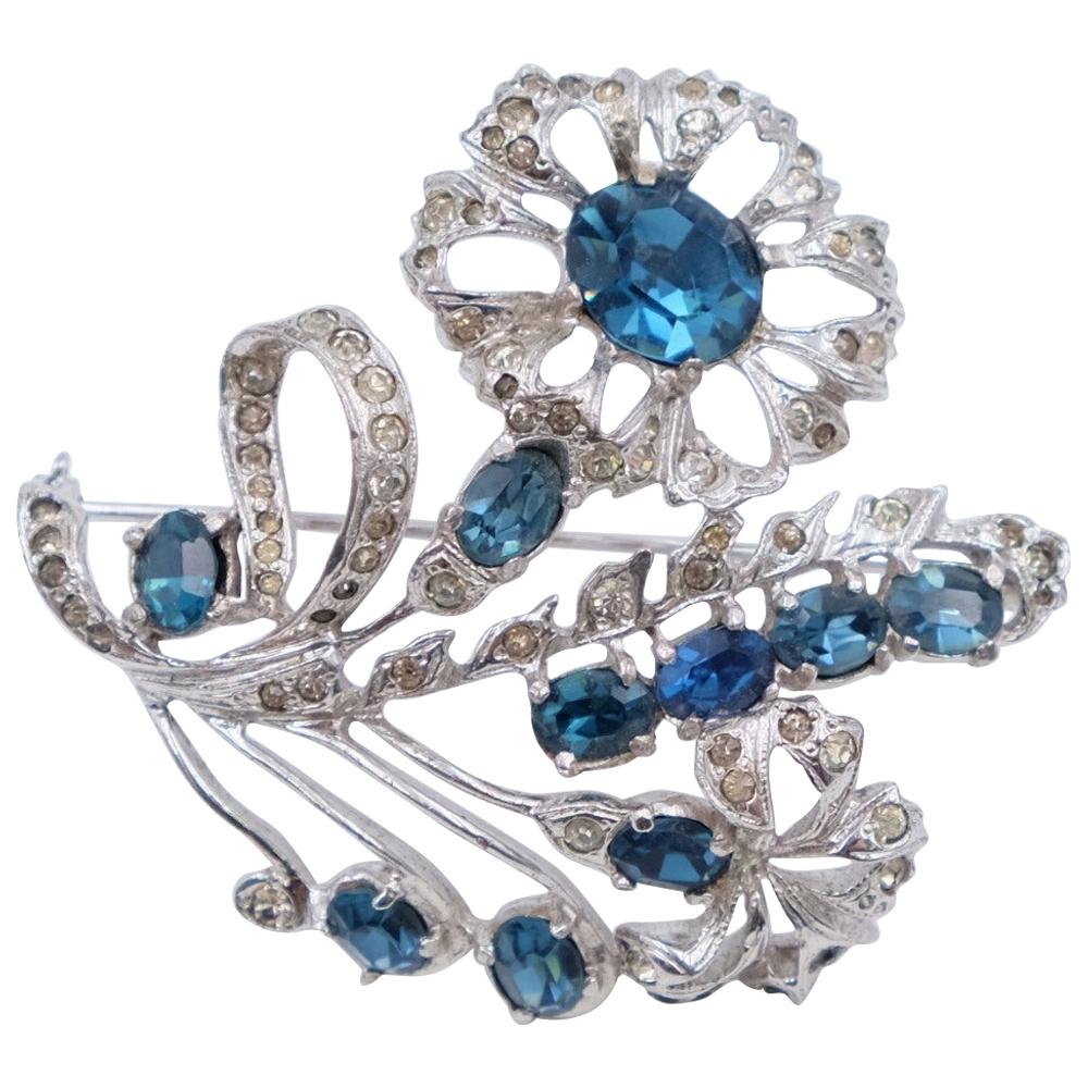 Eisenberg Sterling Brooch With Blue and White Rhinestones 1950s For Sale