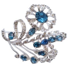 Eisenberg Sterling Brooch With Blue and White Rhinestones 1950s