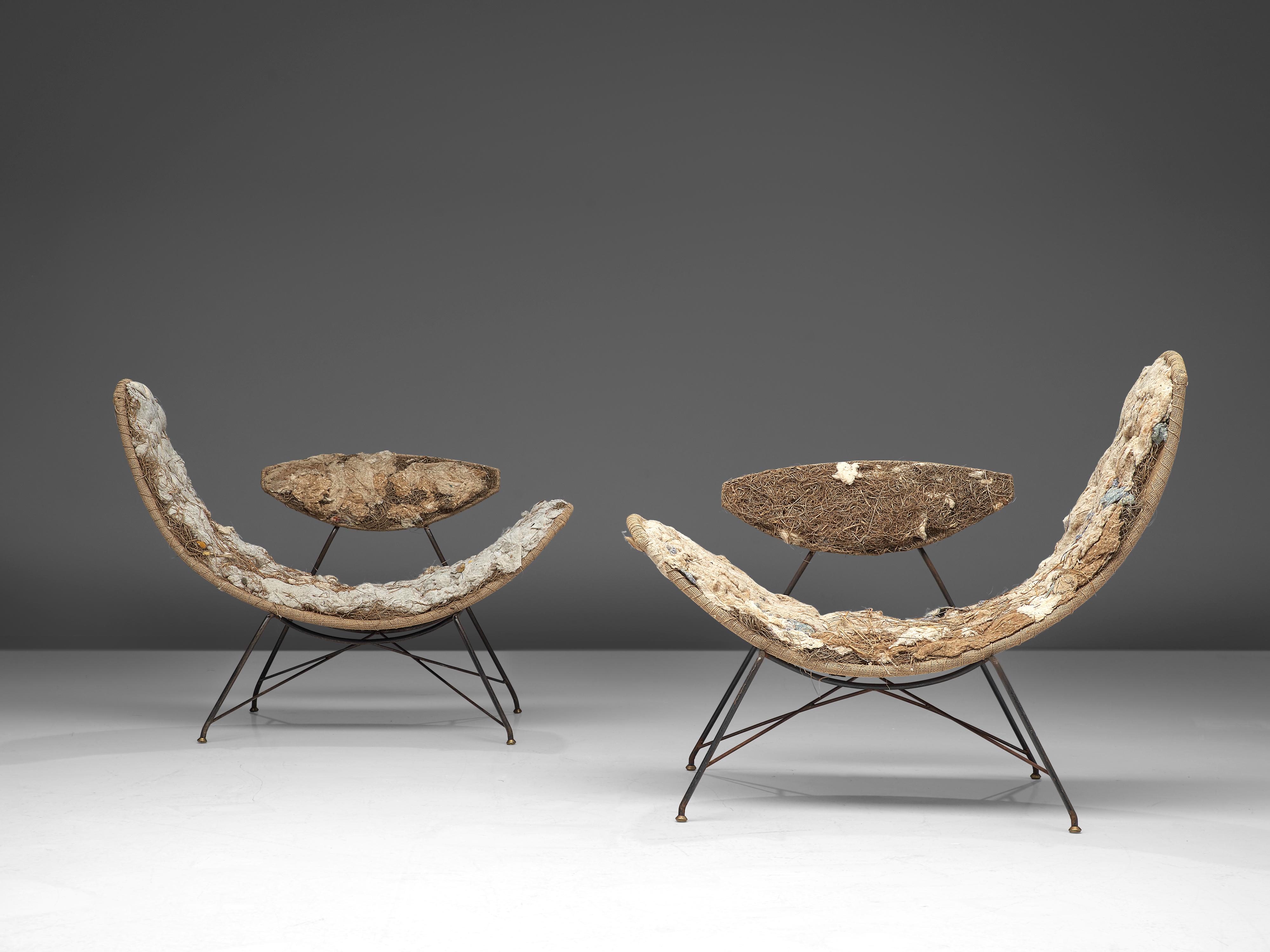 Martin Eisler and Carlo Hauner, pair of early edition ‘Reversible’ chairs, brass, fabric, iron, jute, straw, Brazil, 1955

Iconic ‘Reversible’ chairs by Eisler and Hauner designed in 1955. This design is sculptural in its appearance. Special feature
