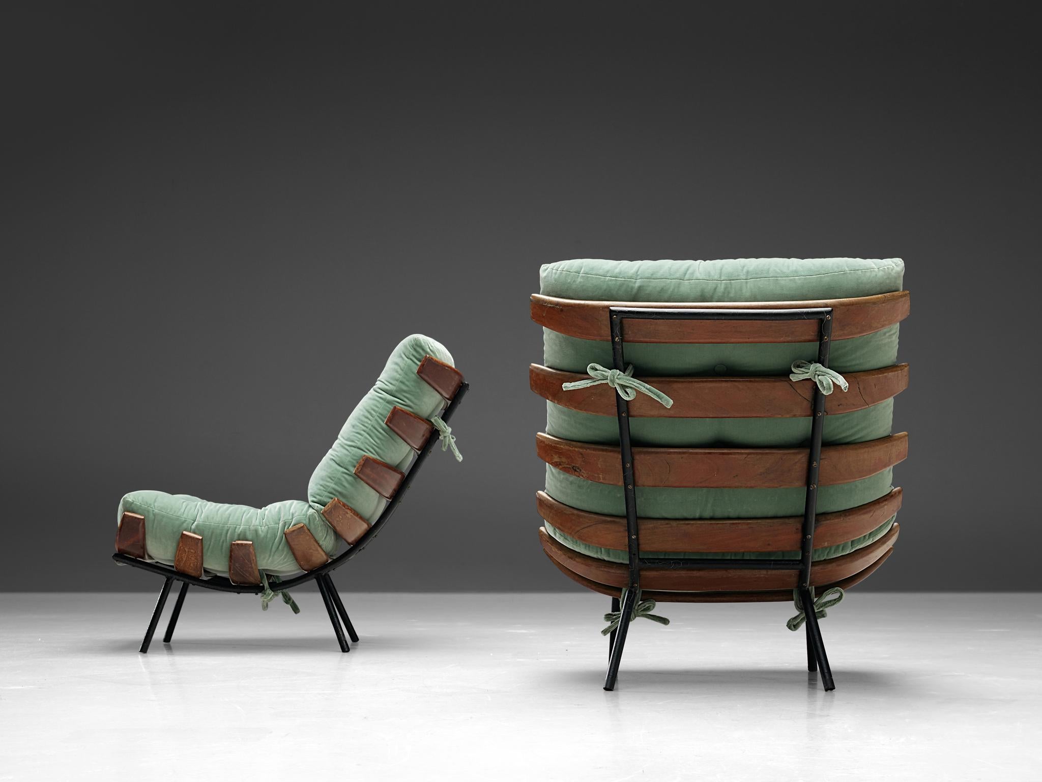 Brazilian Eisler & Hauner Pair of ‘Bone’ Lounge Chairs in Imbuia and Mint Velvet Upholster