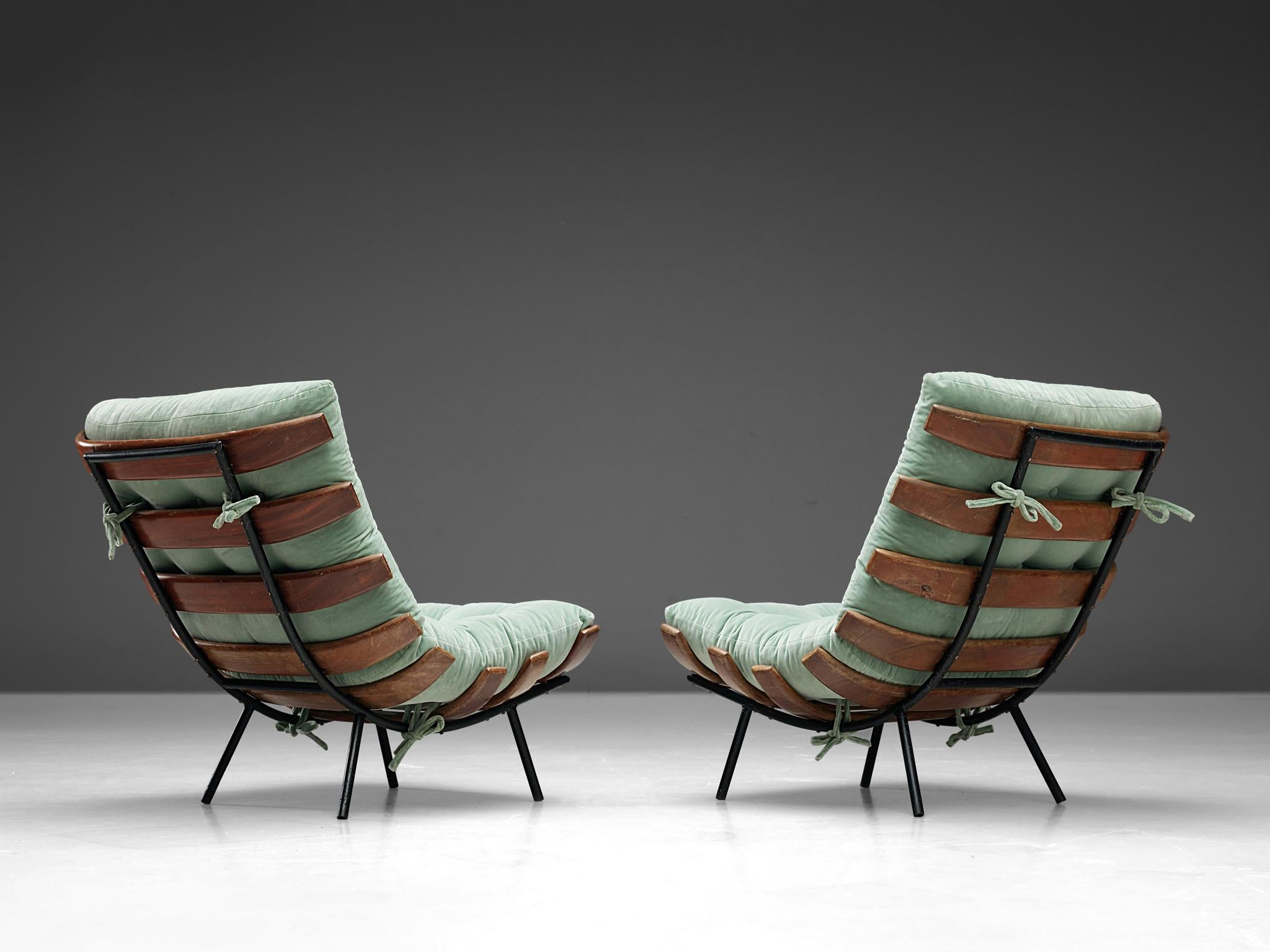 Brazilian Eisler & Hauner Pair of ‘Bone’ Lounge Chairs in Imbuia and Mint Velvet