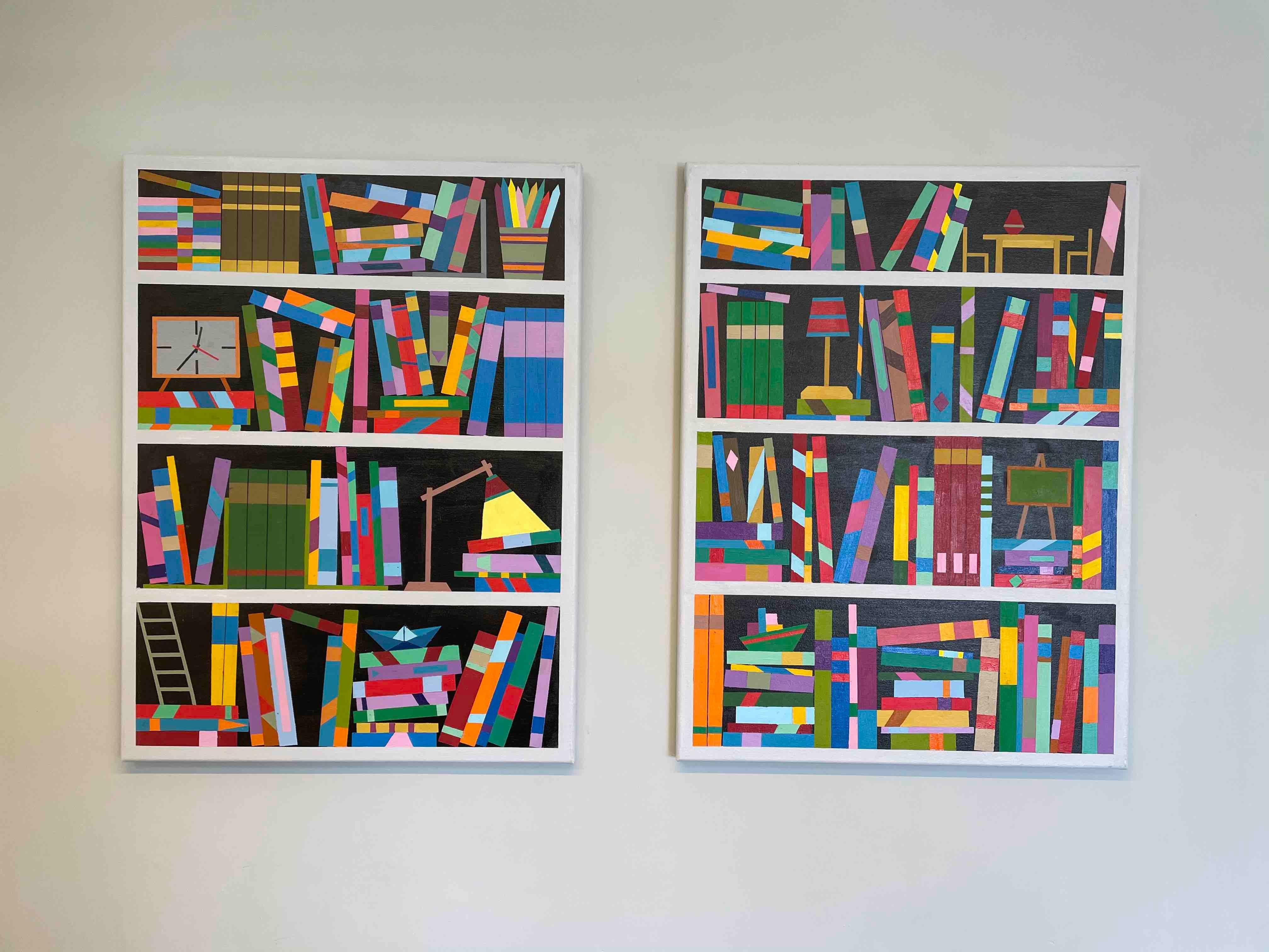 Book shelf Dyptich - abstract painting - Painting by Eitan Satat