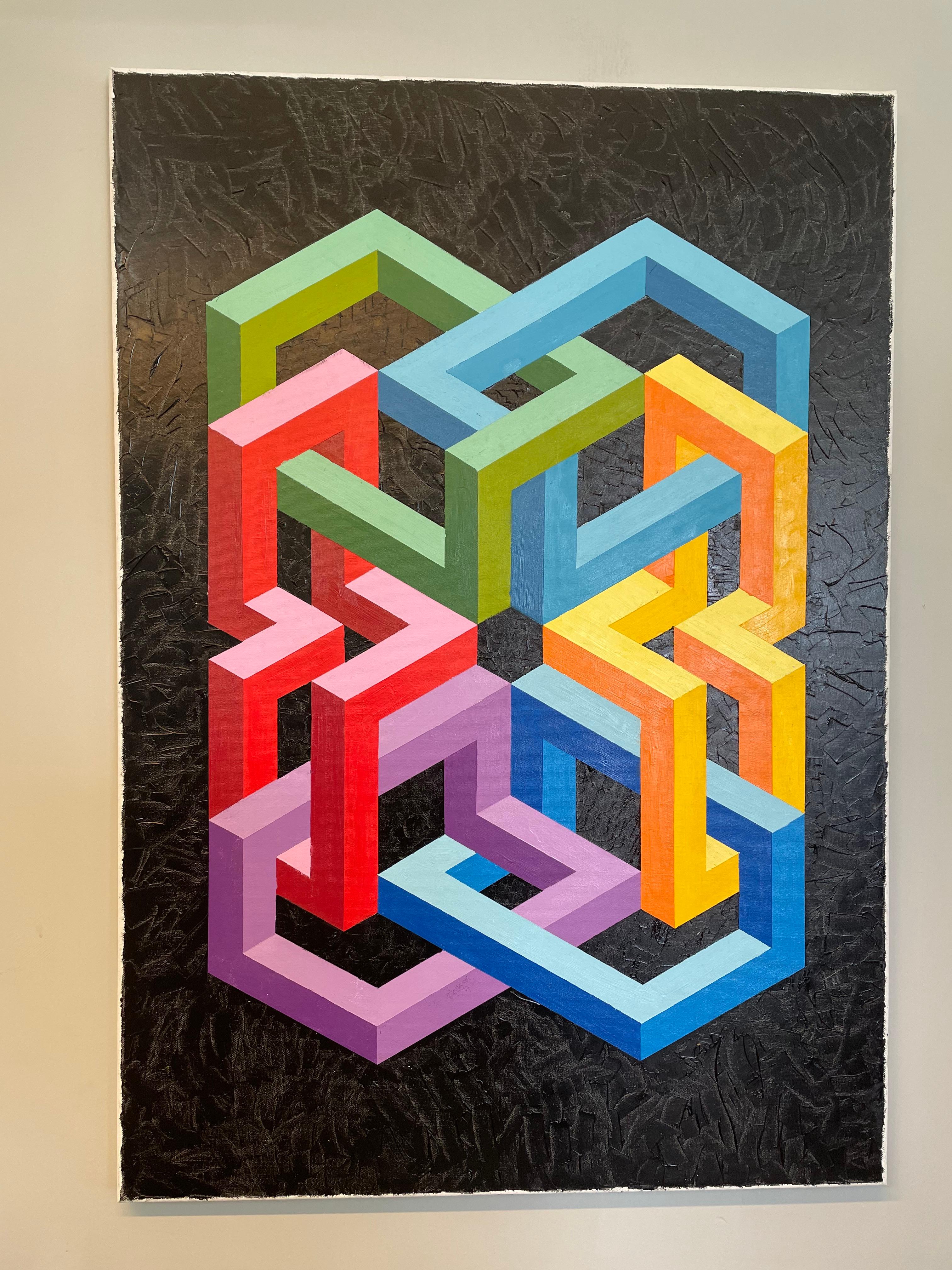 Eitan Satat Abstract Painting - Homage to Vasarely and Escher - abstract painting