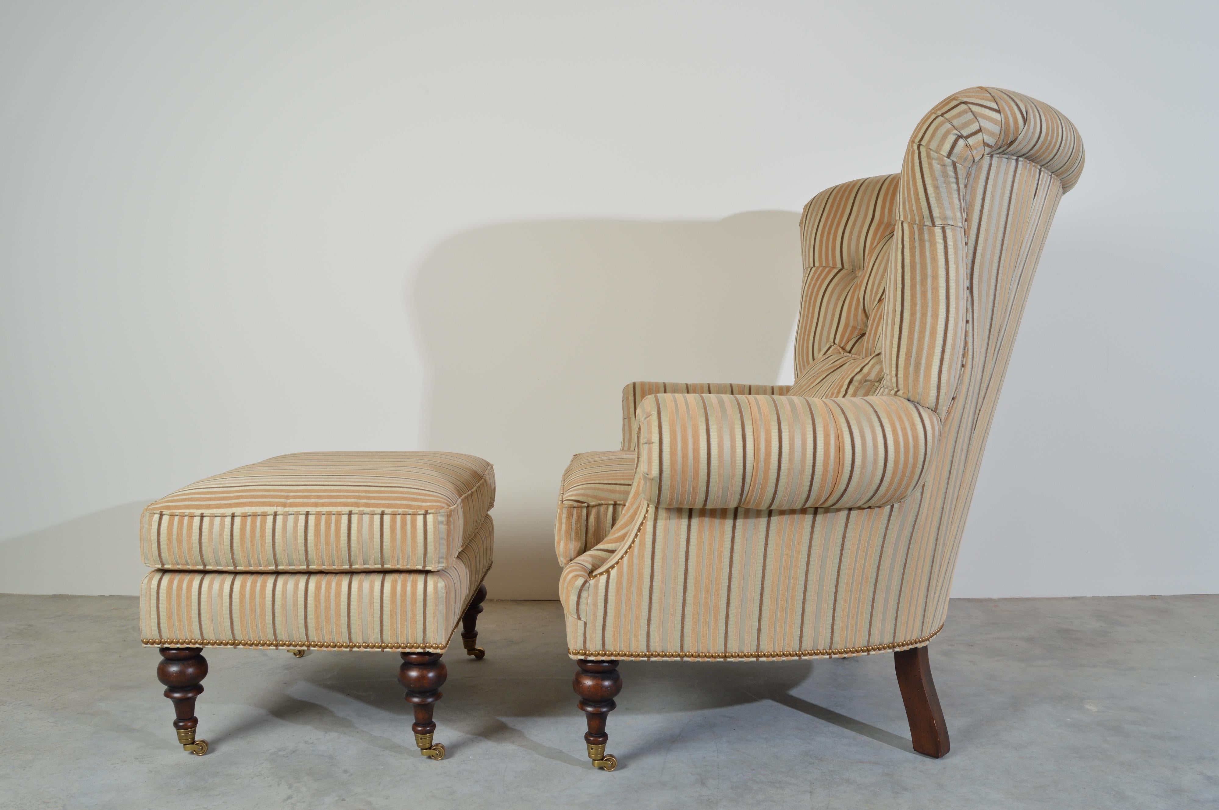 Oversized Louis XV style tufted wingback lounge chair and ottoman by EJ Victor having solid brass casters, fabulous mohair lined upholstery in stunning condition.
A remarkably comfortable set.
Very clean and ready for use!
Original MSRP