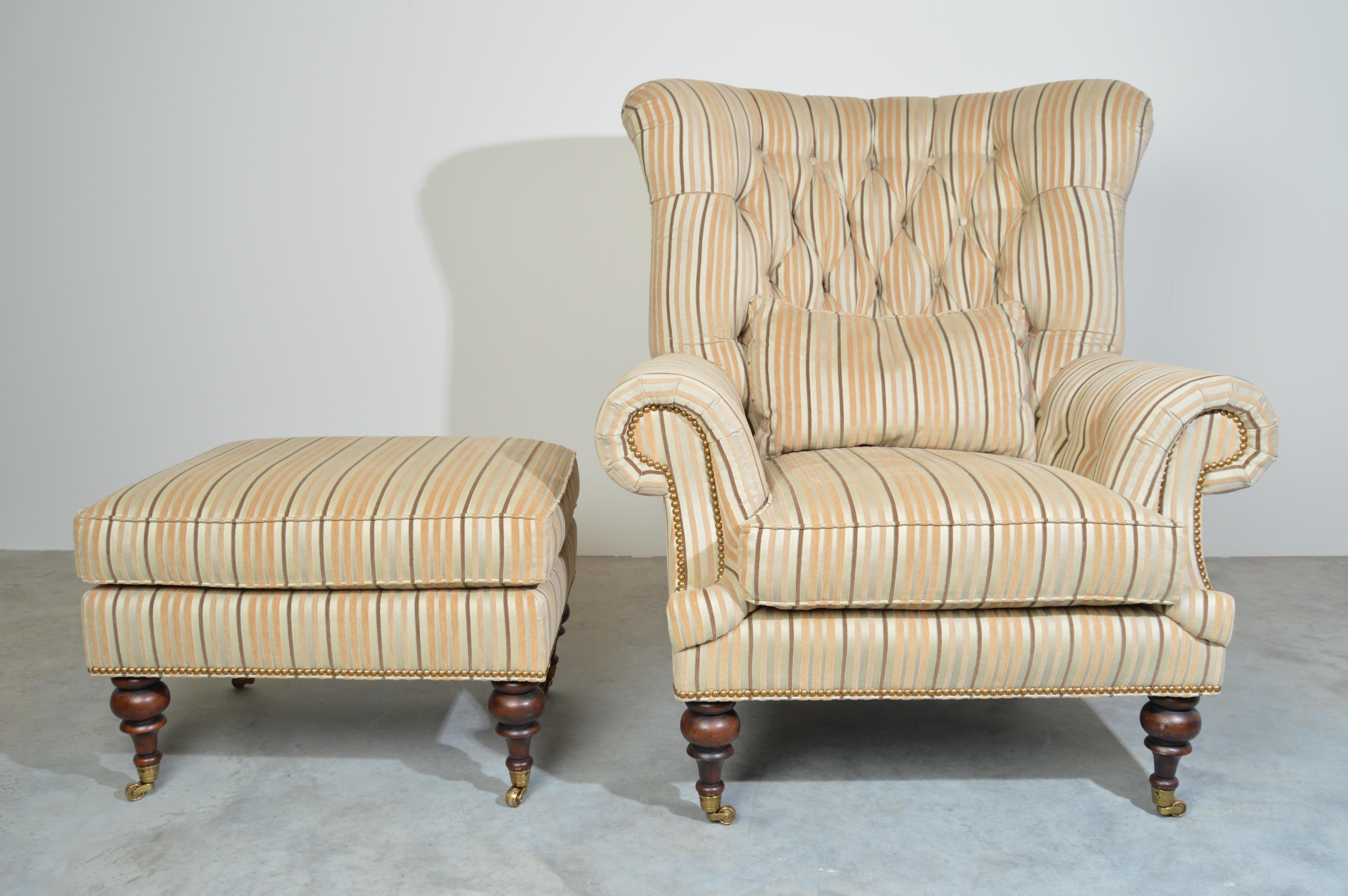 Louis XVI EJ Victor Louis XV Style Kensington Tufted Fireside Wing Lounge Chair & Ottoman