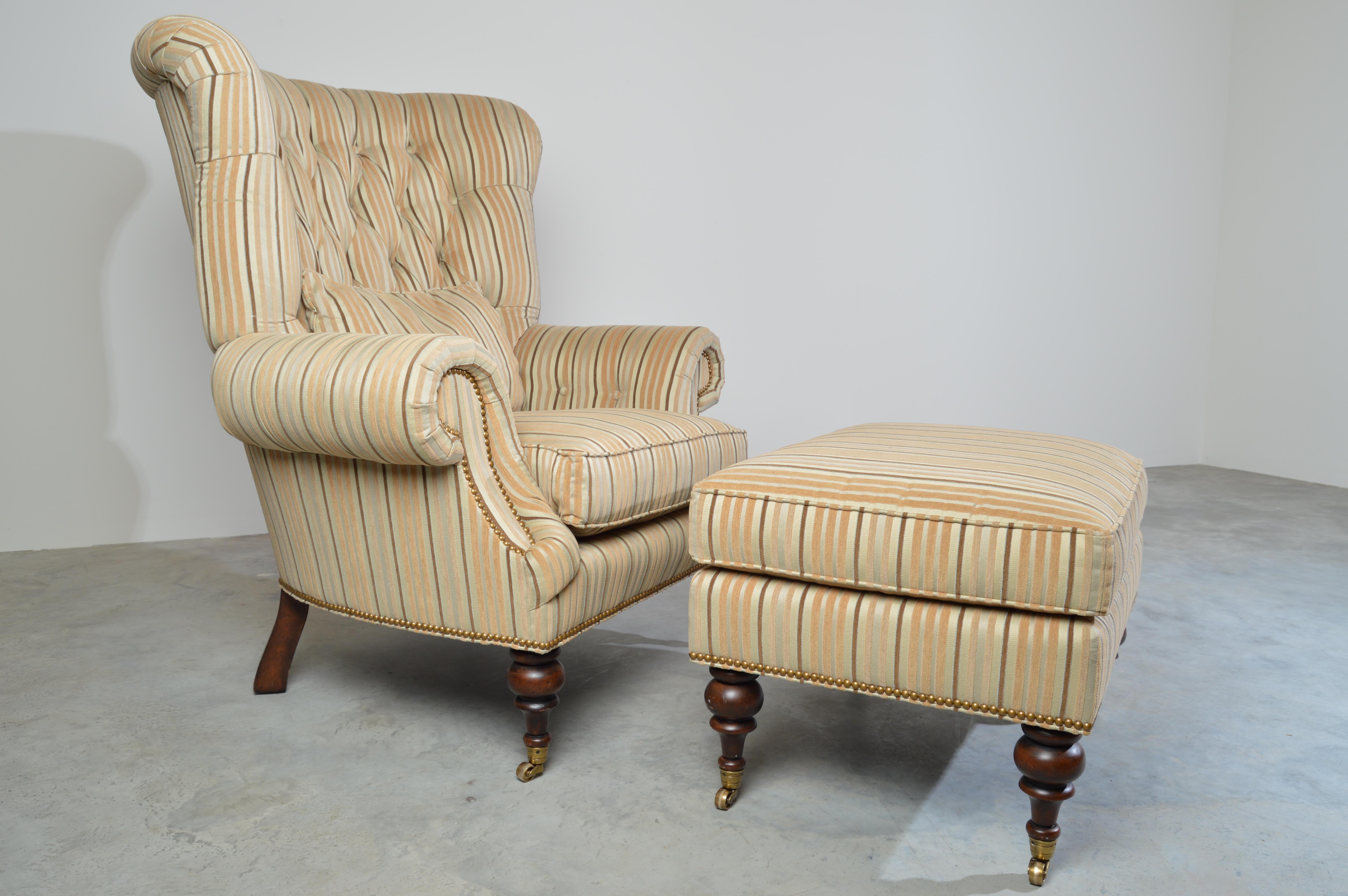 Brass EJ Victor Louis XV Style Kensington Tufted Fireside Wing Lounge Chair & Ottoman