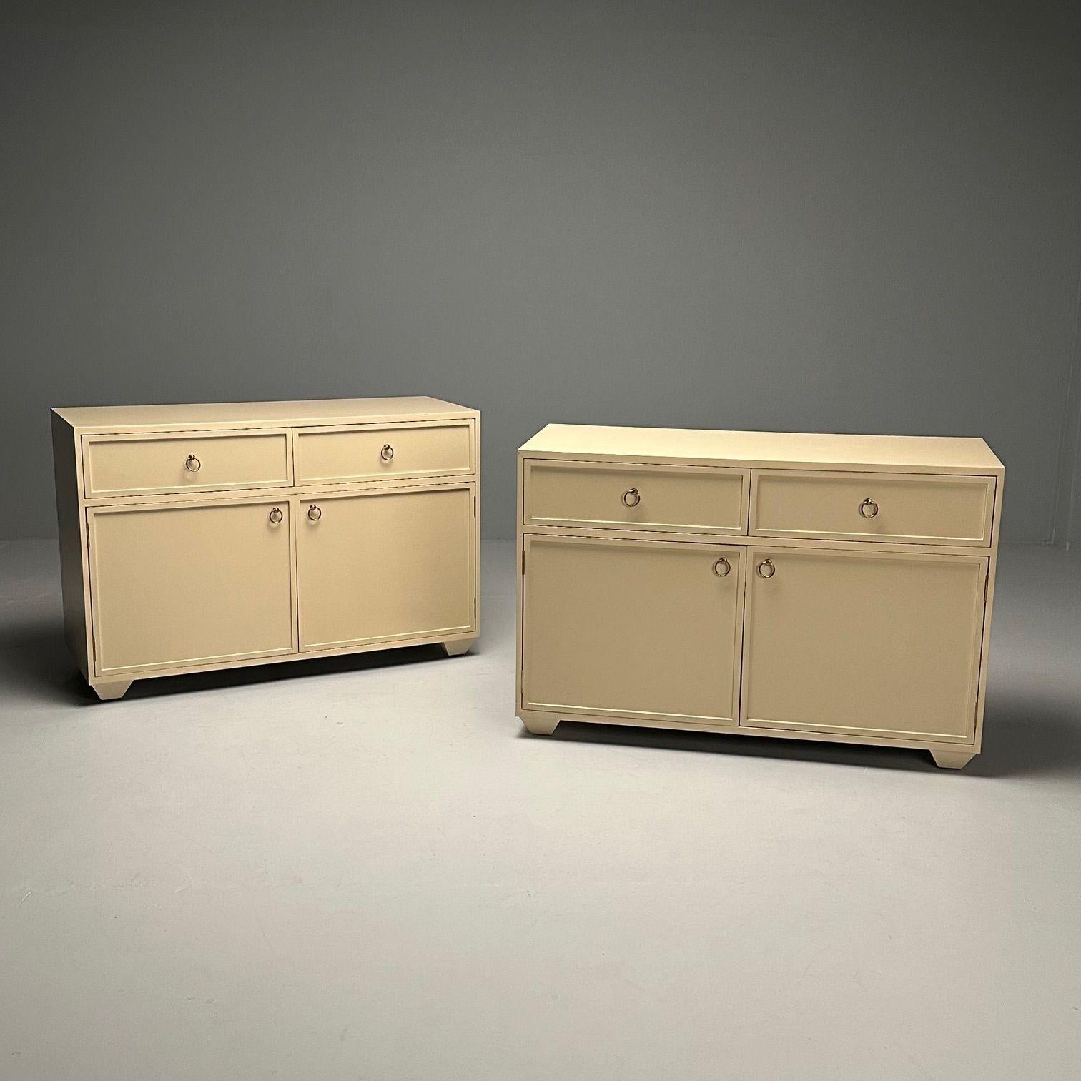 EJ Victor, Modern, 'Jackie Buffet' Cabinets, Off White Lacquer, Brass, 2000s
Pair of Jackie Buffets by E J Victor for Jack Fhillips. These cabinets retail at $5,985 each. Each with a pair of shelved interior double doors under drawers. White