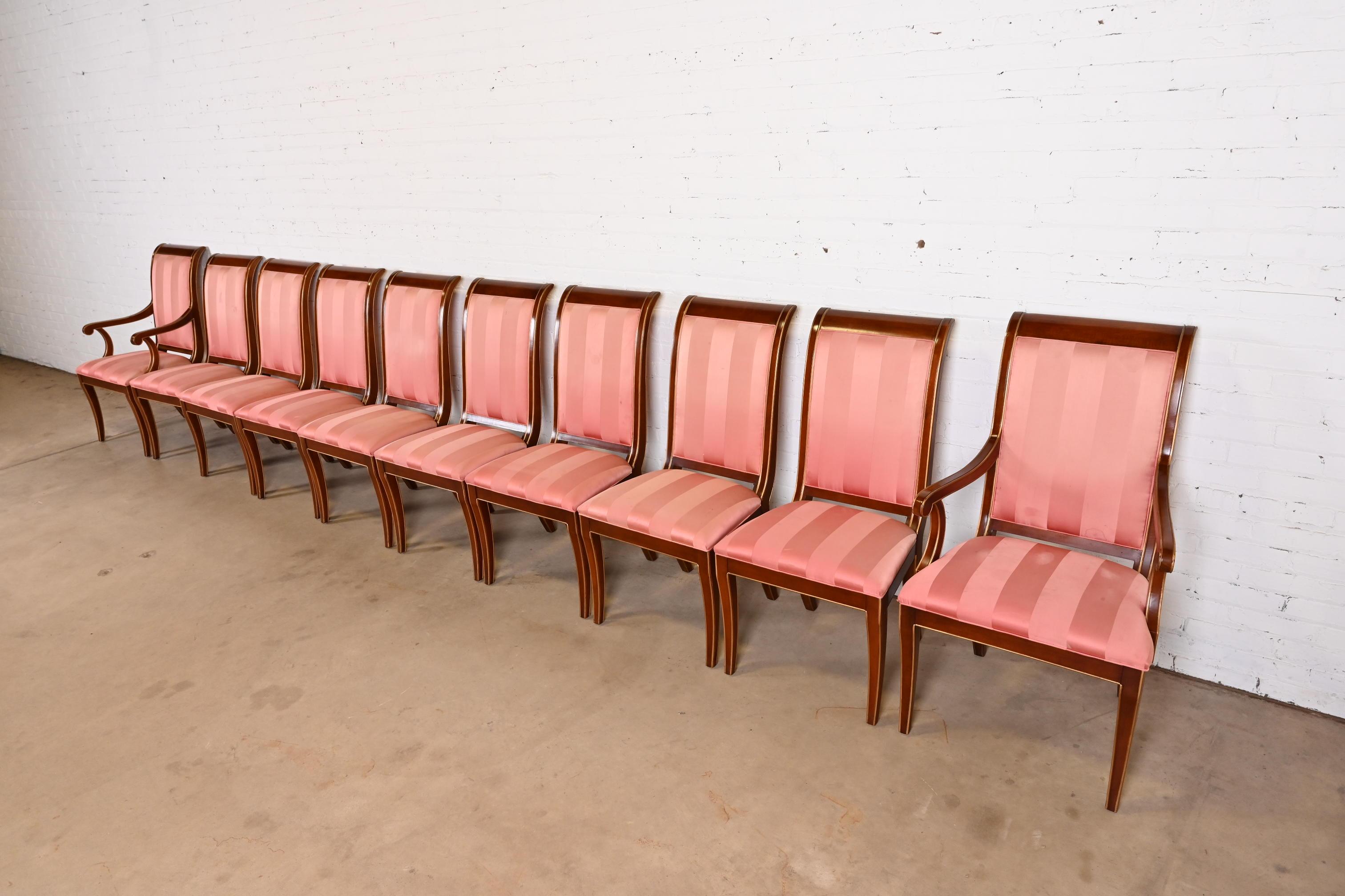 Upholstery EJ Victor Regency Carved Mahogany and Gold Gilt Dining Chairs, Set of Ten For Sale