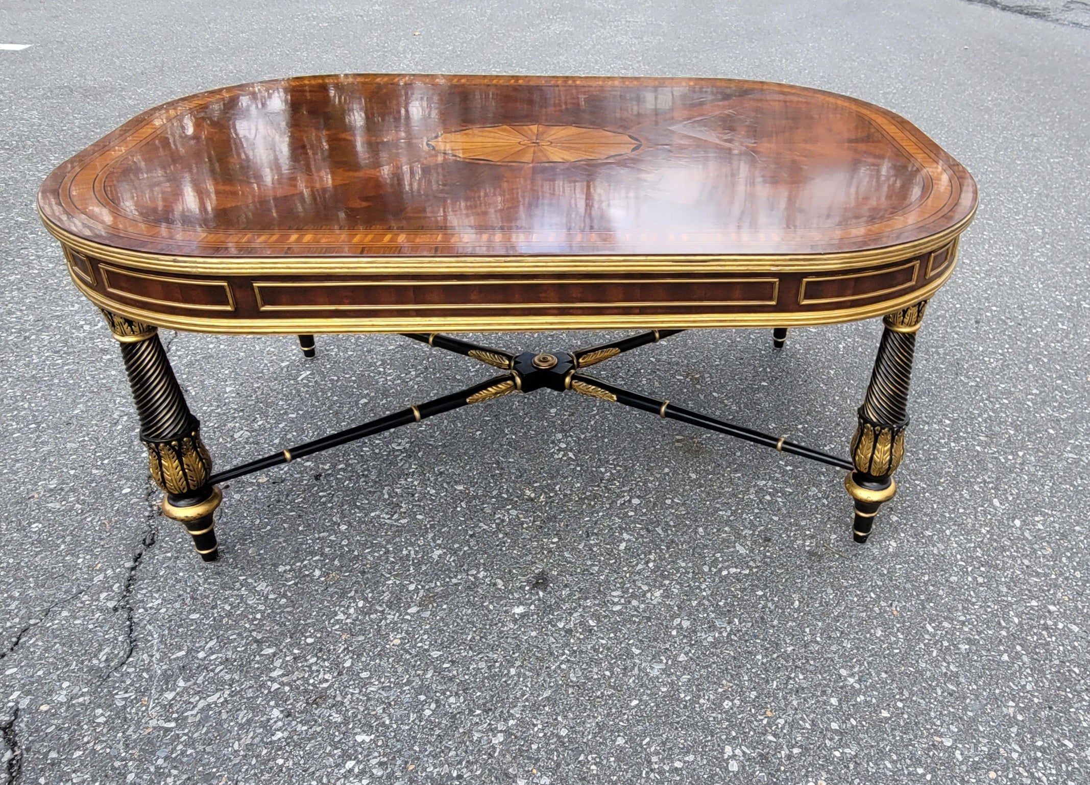 E.J Victor Regency Style Ebonized and Parcel Gilt Marquetry Inlaid Coffee Table 4