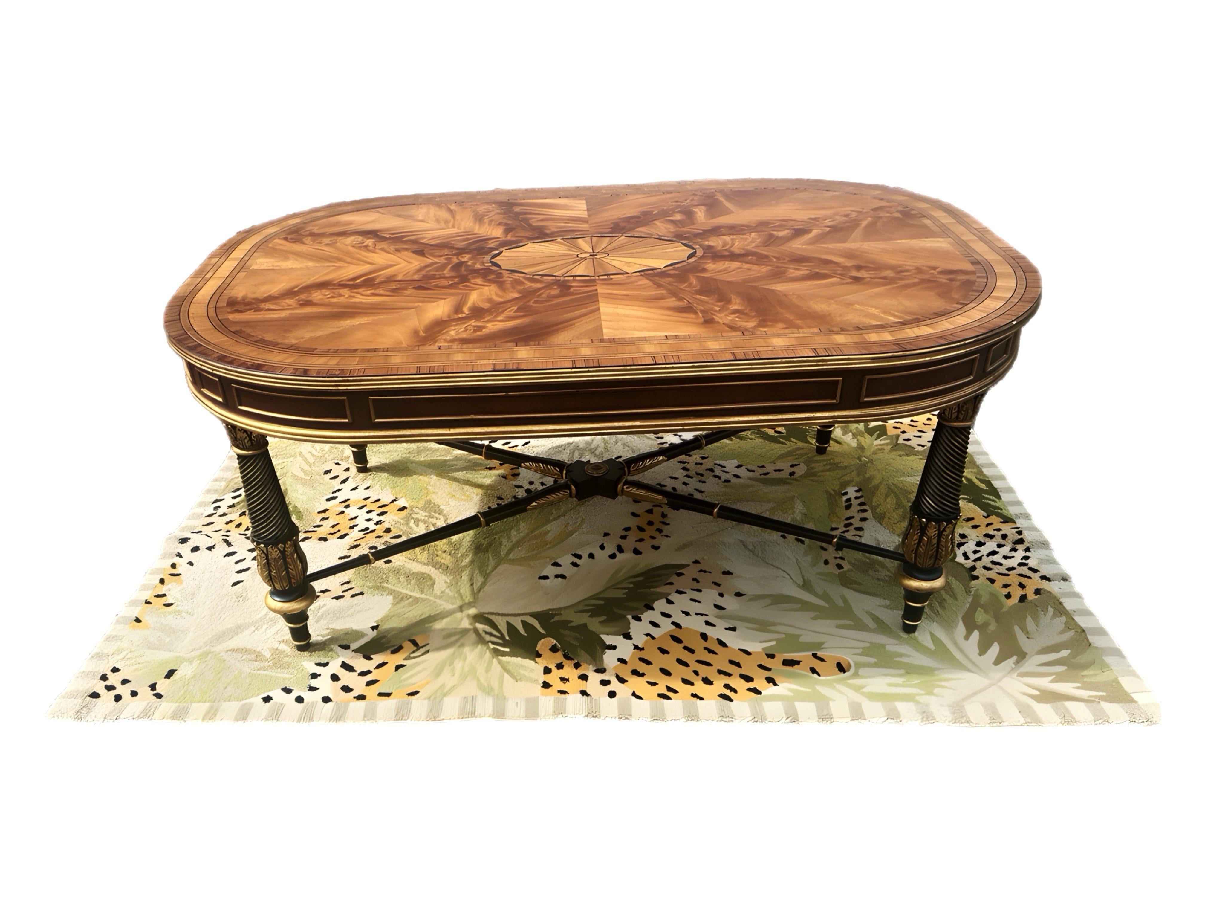 e.j Victor Regency Style Ebonized and Parcel Gilt Marquetry Inlaid Coffee Table For Sale 10