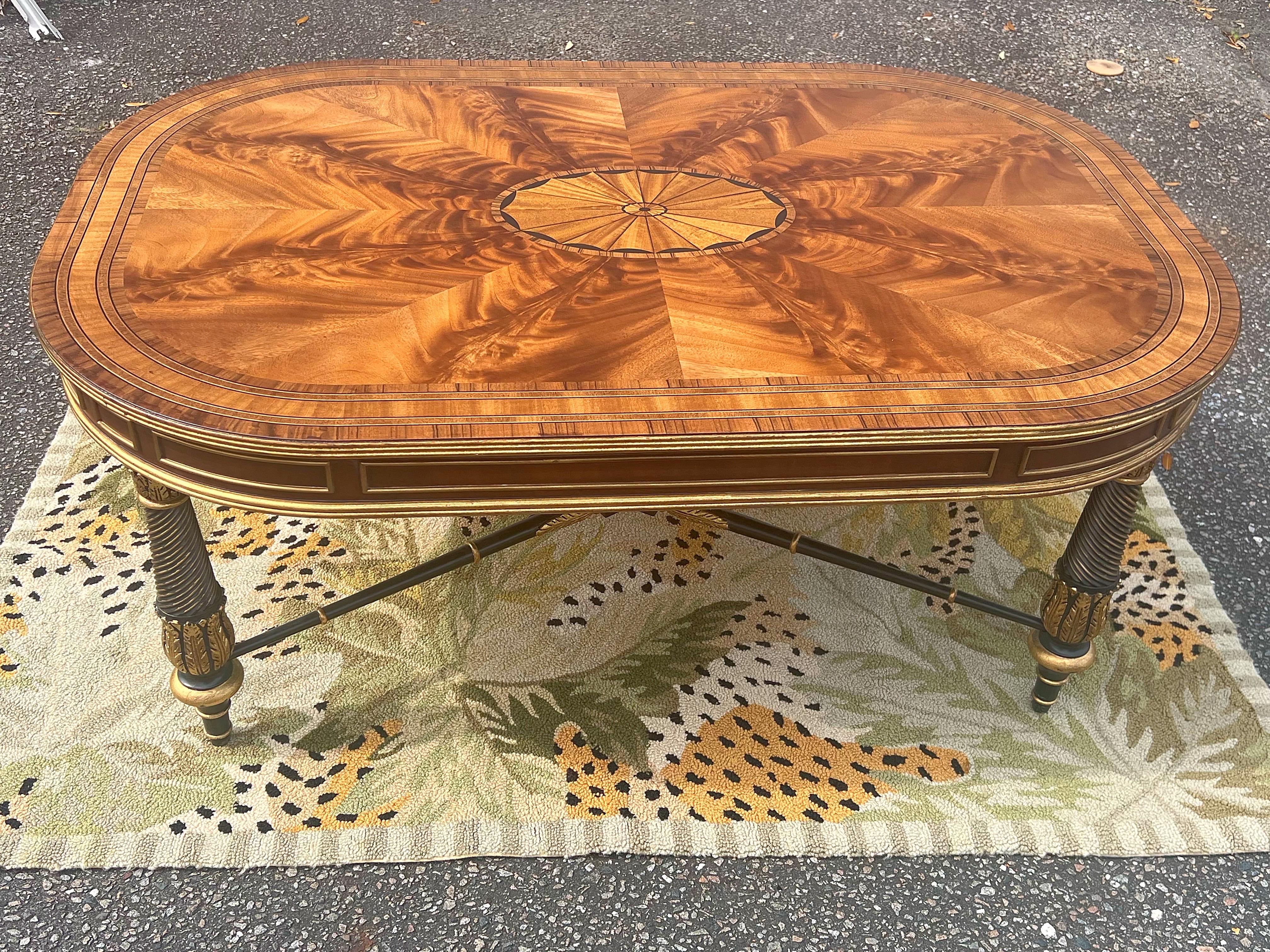 e.j Victor Regency Style Ebonized and Parcel Gilt Marquetry Inlaid Coffee Table For Sale 11