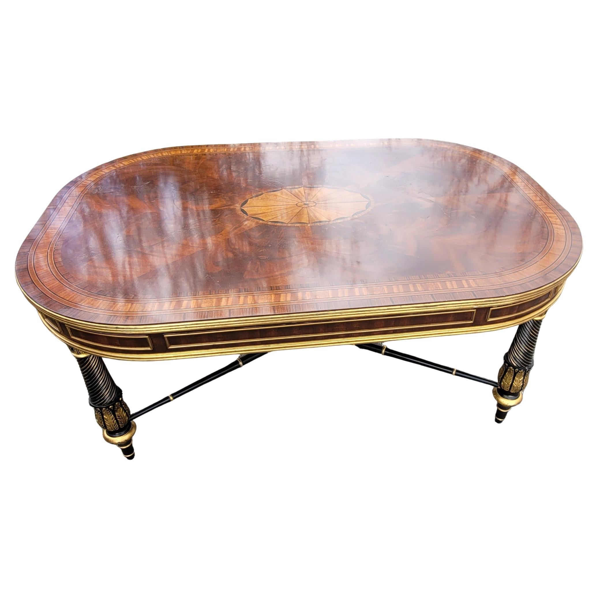 E.J Victor Regency Style Ebonized and Parcel Gilt Marquetry Inlaid Coffee Table In Good Condition In Germantown, MD