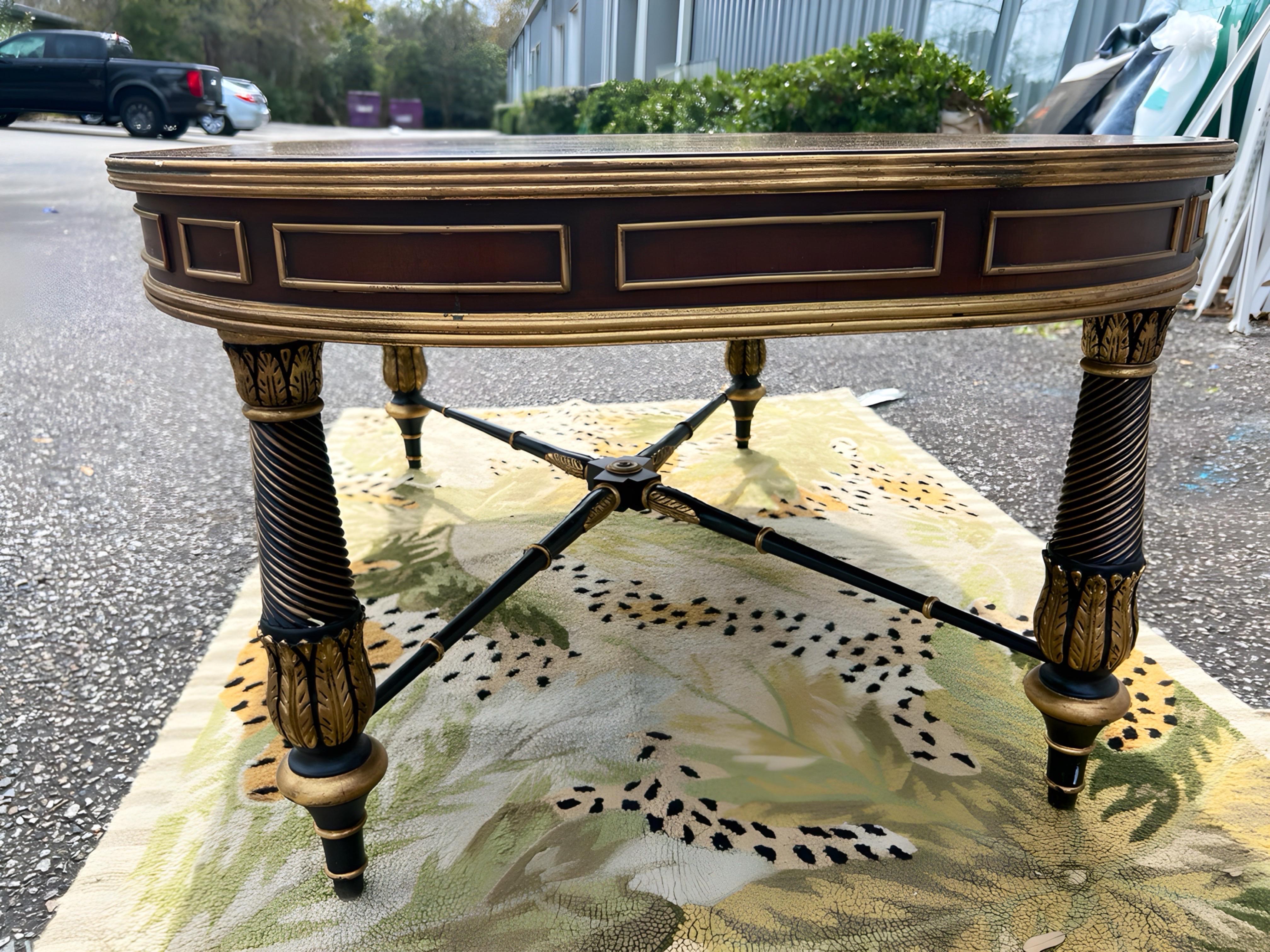e.j Victor Regency Style Ebonized and Parcel Gilt Marquetry Inlaid Coffee Table For Sale 2