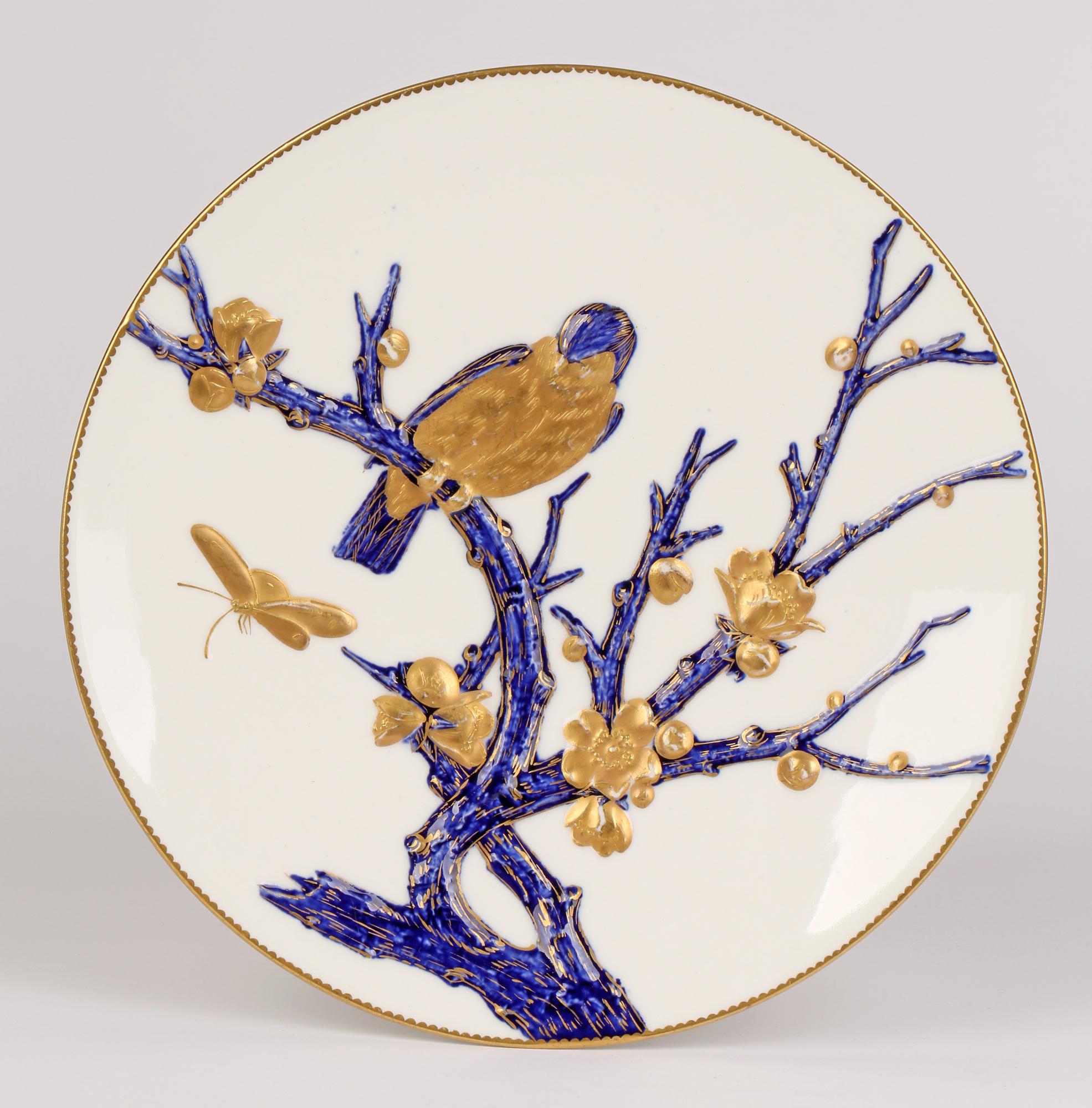 English EJD Bodley Relief Molded Porcelain Cabinet Plate with Bird, 1879