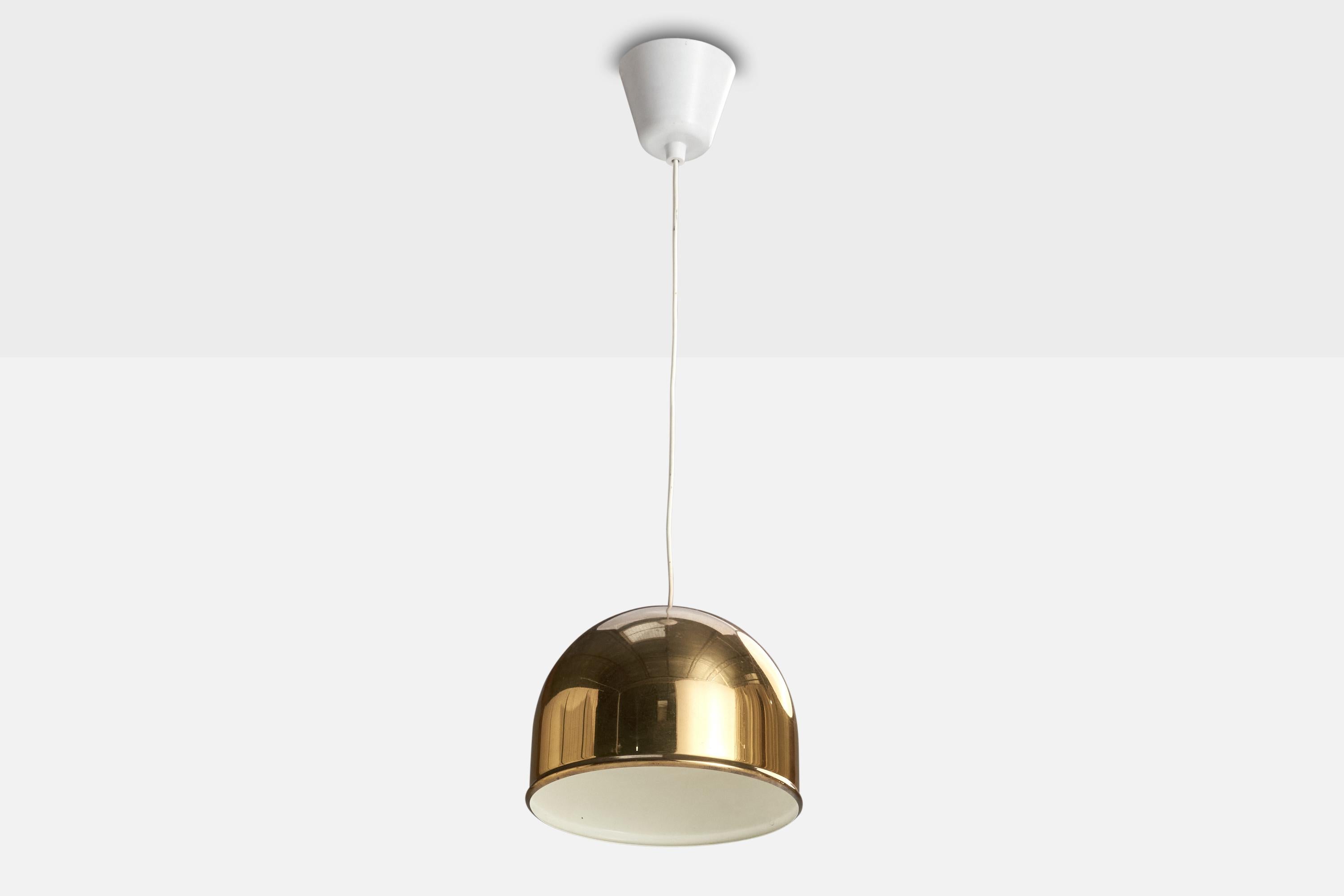 A brass pendant light designed by Eje Ahlgren and produced by Bergboms, Sweden, c. 1960s.

Overall Dimensions of fixture (inches): 6.5” H x 8” Diameter

Height can vary with cord length.  Overall height: 51