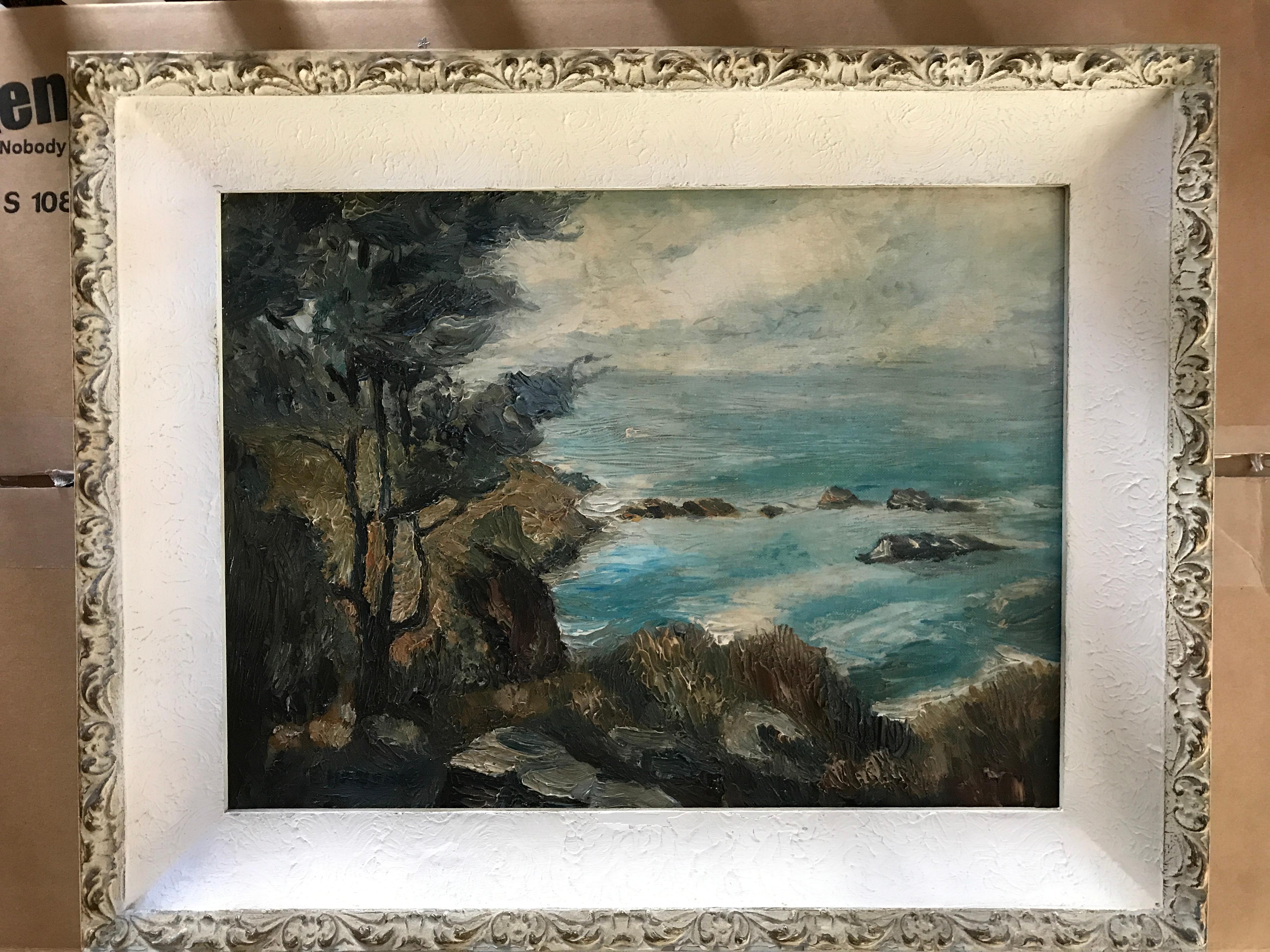 Ejnar Hansen, (1884-1965), “Californian Coastline”, oil on board. Measurement with frame: 16 X 20 inches.
Ejnar Hansen was a notable figure painter in Southern California. He began his career in Copenhagen, where he studied at the Royal Academy of