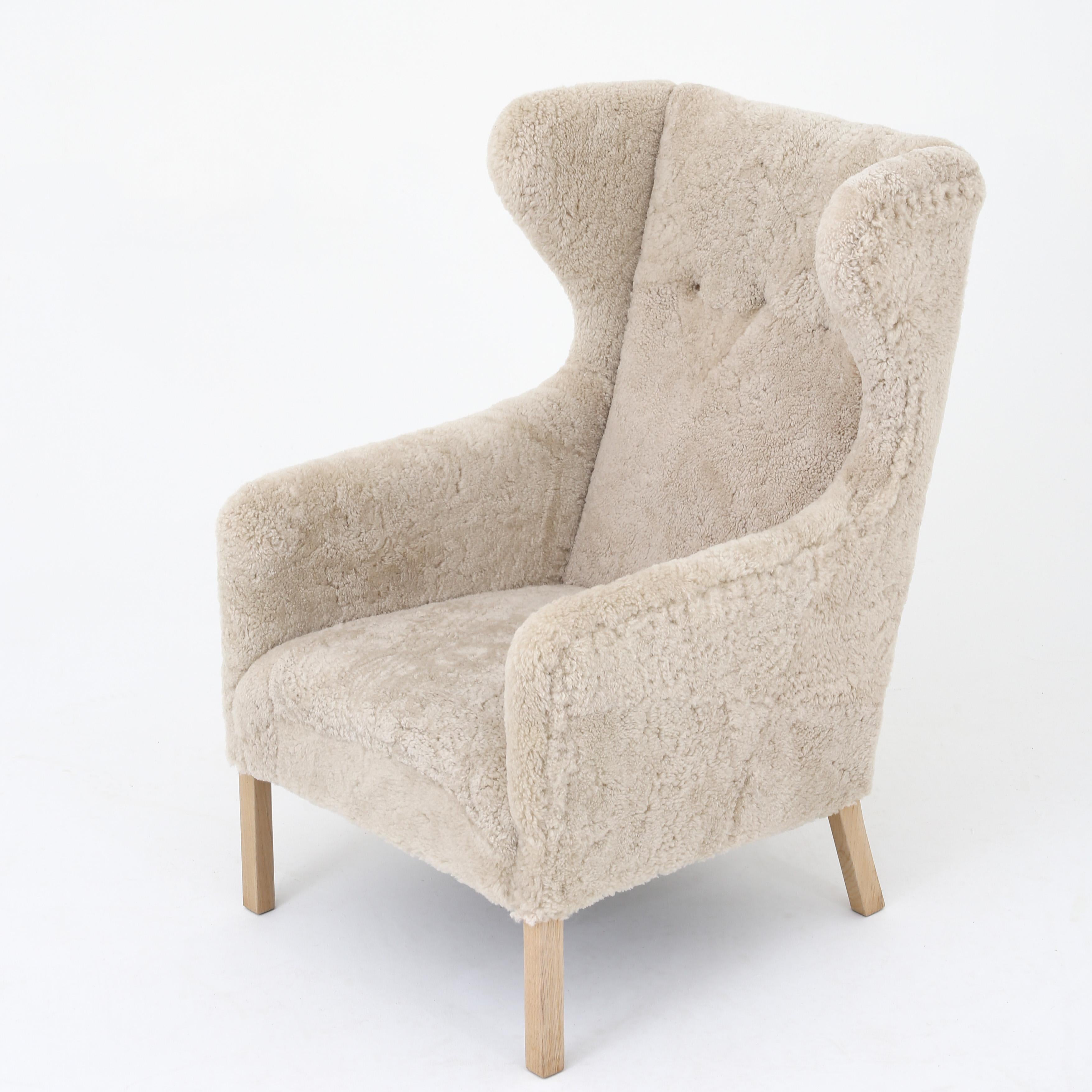 Ejnar Larsen Wing-Back Chair in New Lambswool with Beech Legs with Stool 3