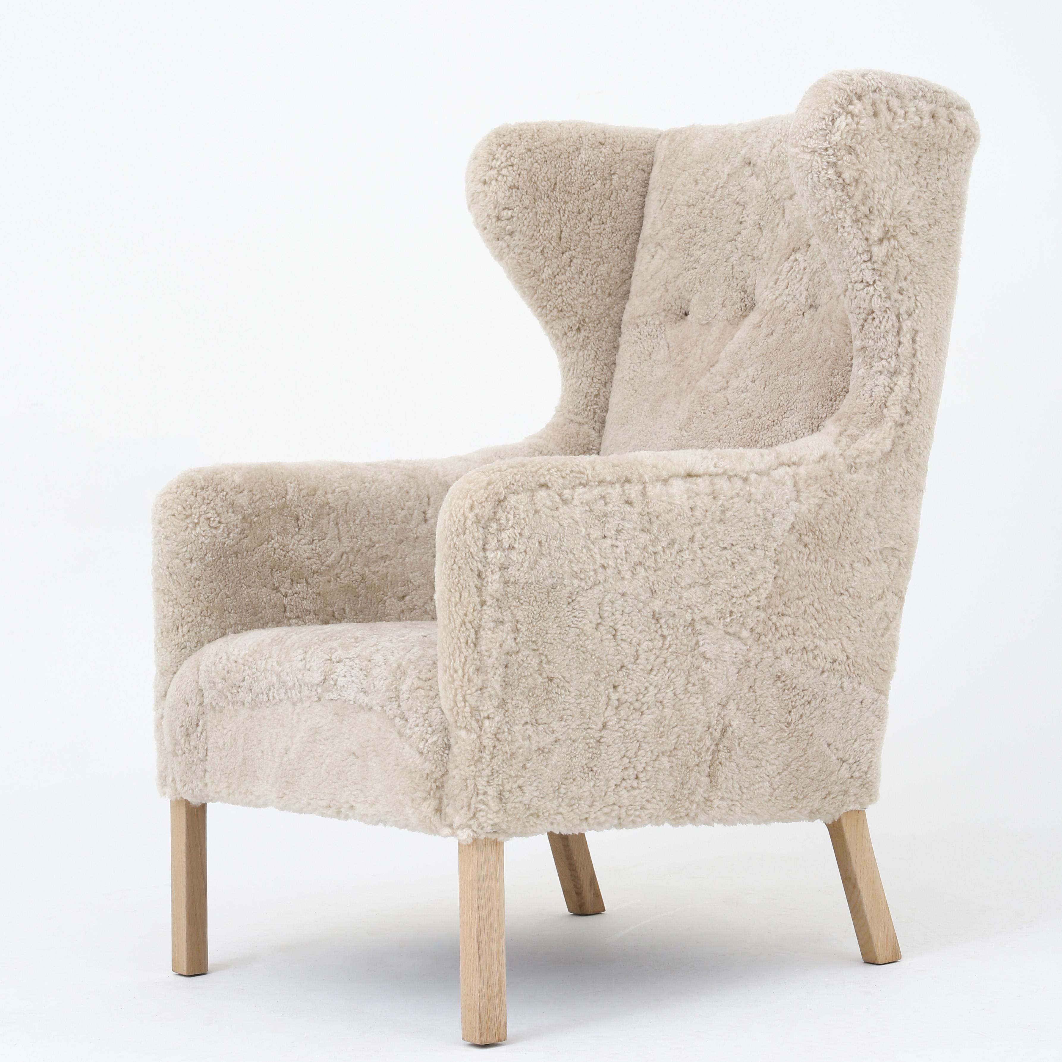 Scandinavian Modern Ejnar Larsen Wing-Back Chair in New Lambswool with Beech Legs with Stool