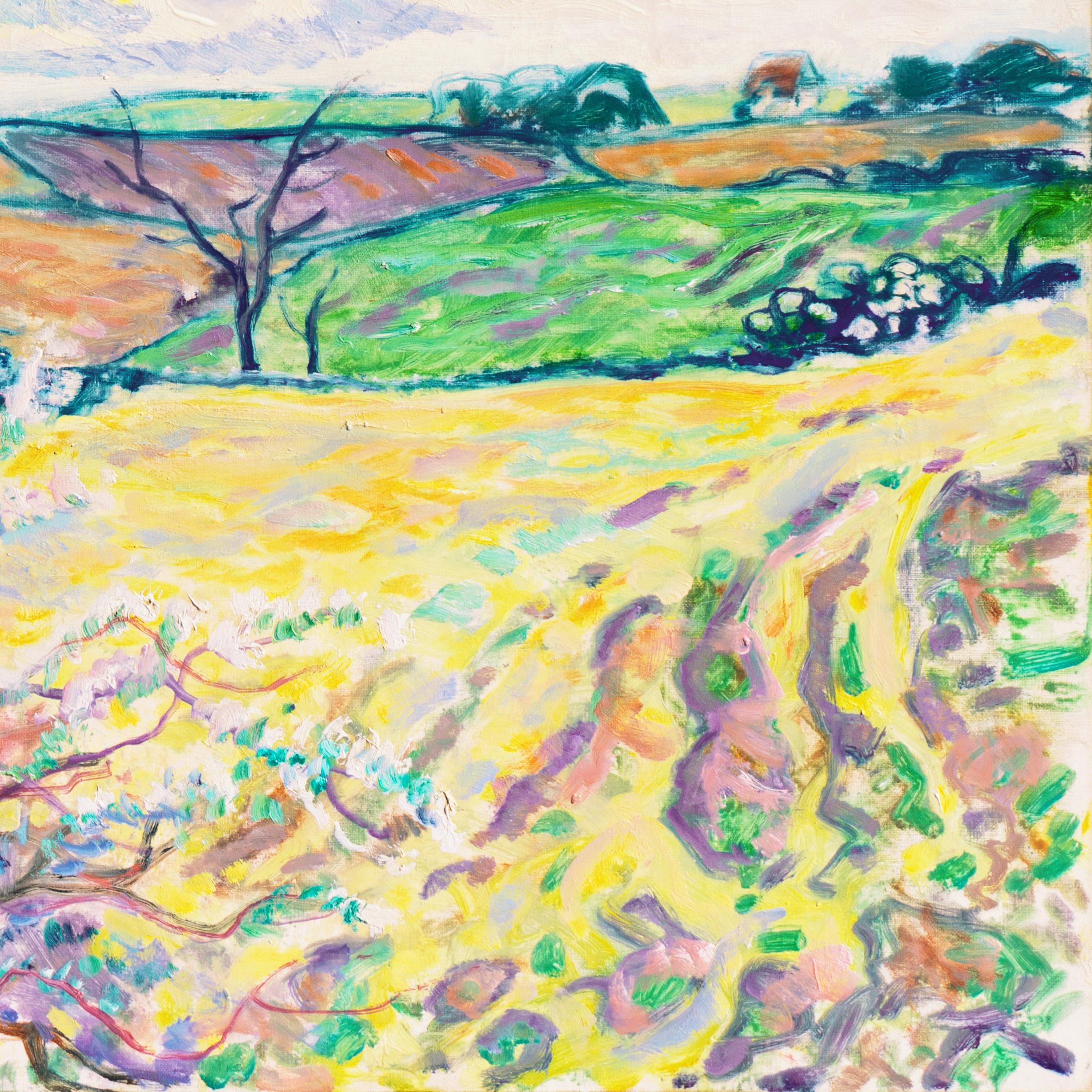A substantial, sunlit landscape showing a fruit-tree in blossom in the foreground with verdant fields receding towards rolling hills beneath turquoise and lavender clouds.  

Signed lower left, 