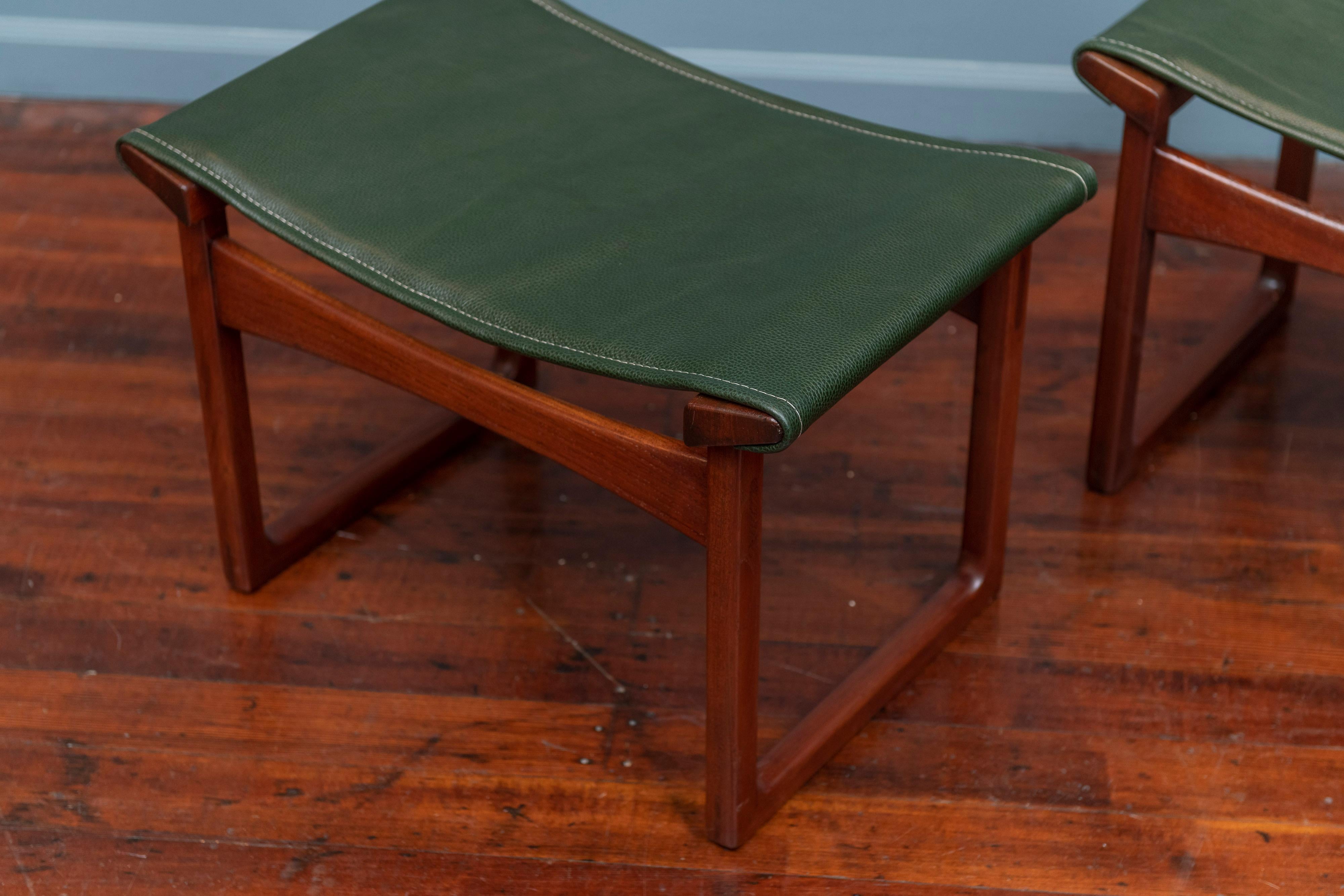 Ejner Larsen & Askel Bender Madsen design teak stools for Ludvig Pontoppidan, Denmark. High quality design and construction just newly refinished and ready to be enjoyed.