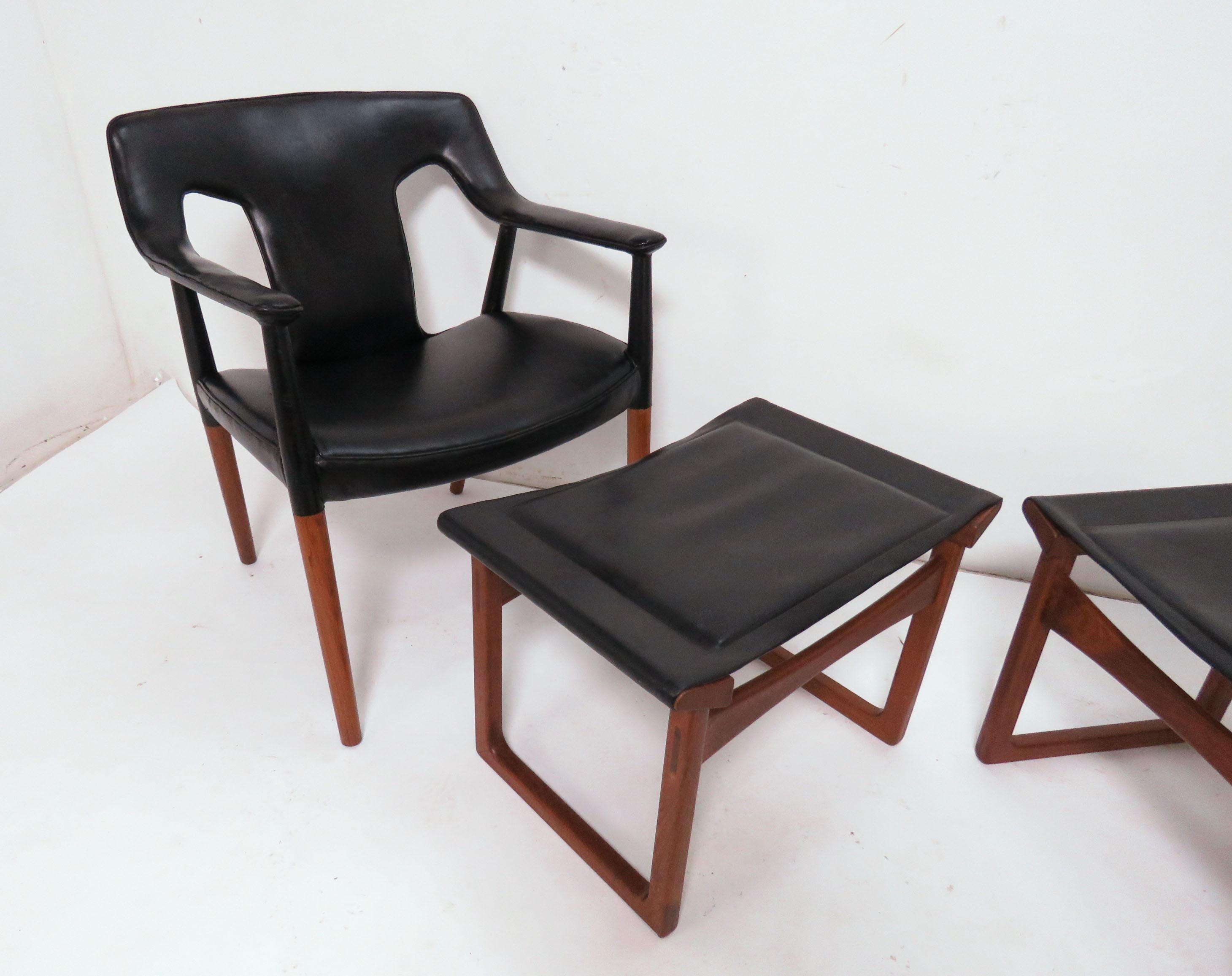 Danish teak lounge armchair and footstool/ottoman, circa mid-1950s. Designed by Ejner Larsen and Aksel Bender Madsen and made by Ludvig Pontoppidan. Note: each chair and ottoman set is priced separately (i.e., two sets available, each set consisting