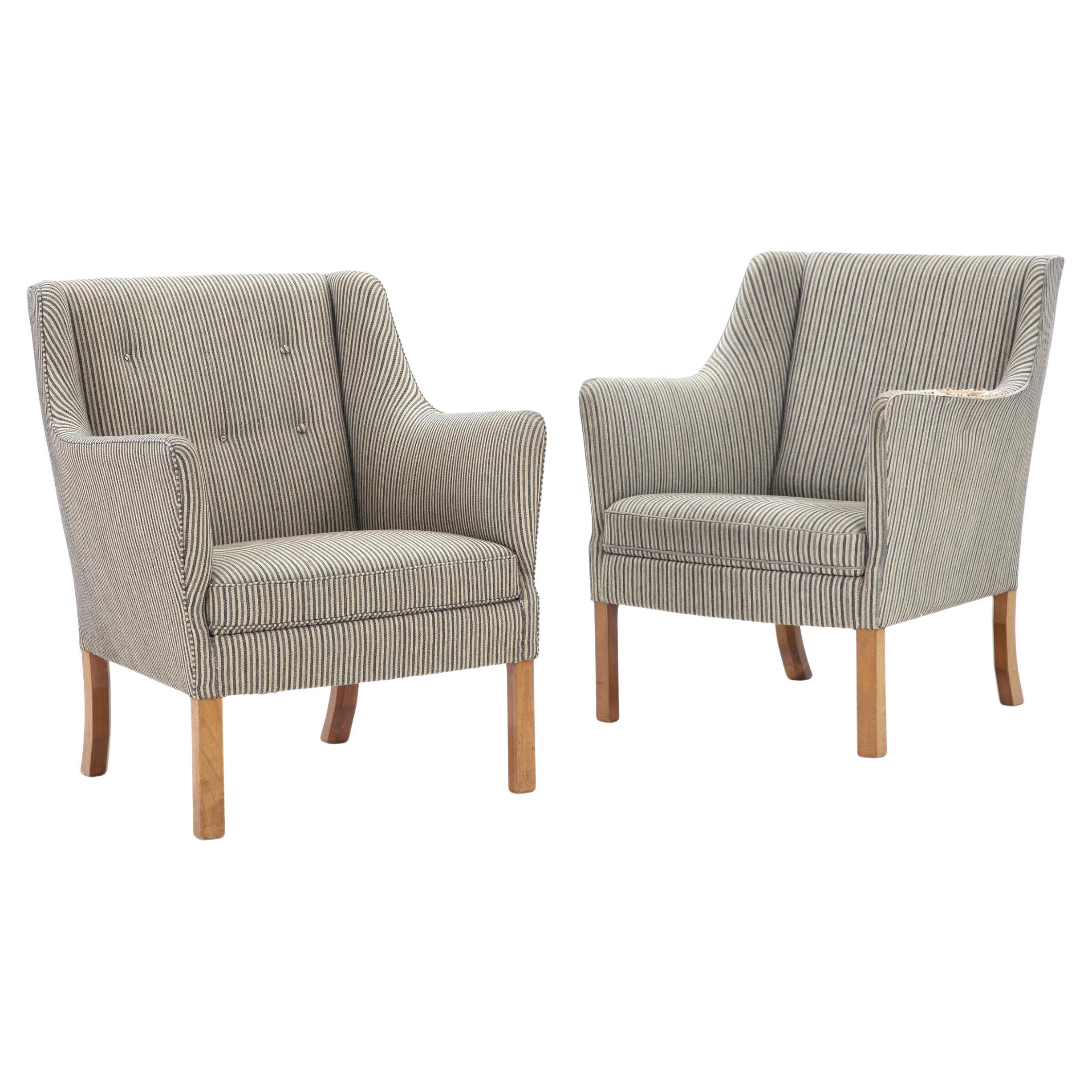 Ejner Larsen: Pair of Striped Wool and Mahogany Easy Chairs