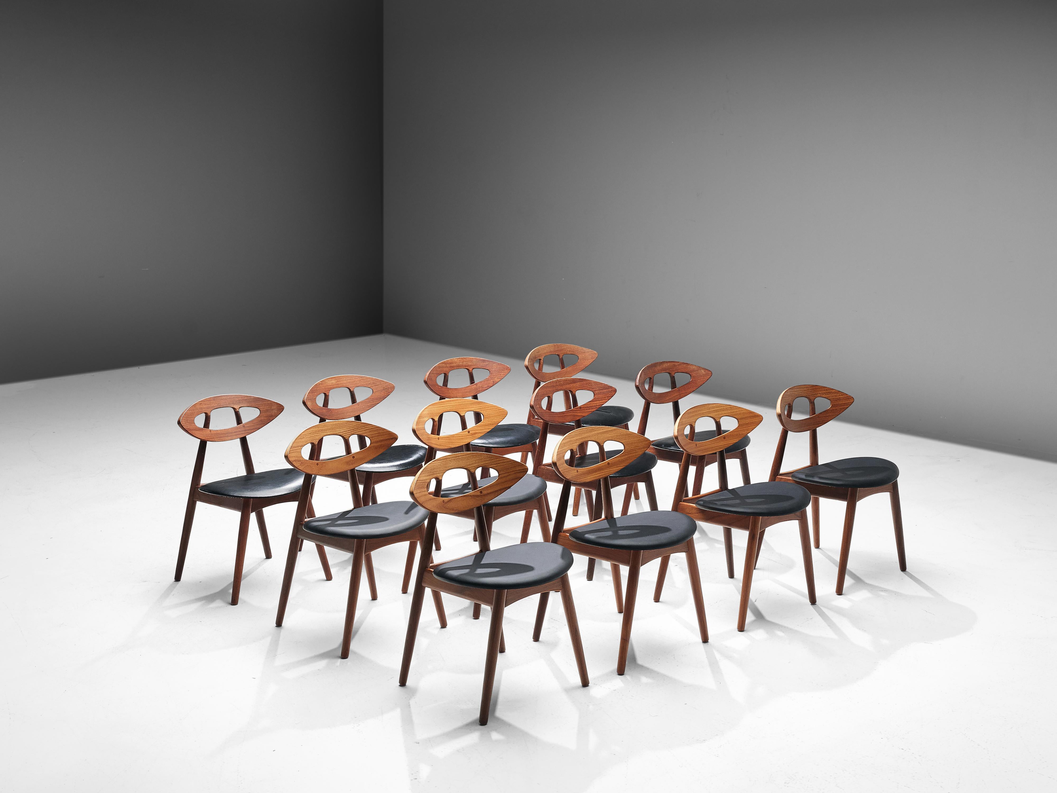 Scandinavian Modern Ejvind A. Johansson Set of 12 ‘Eye’ Dining Chairs in Teak and Leather