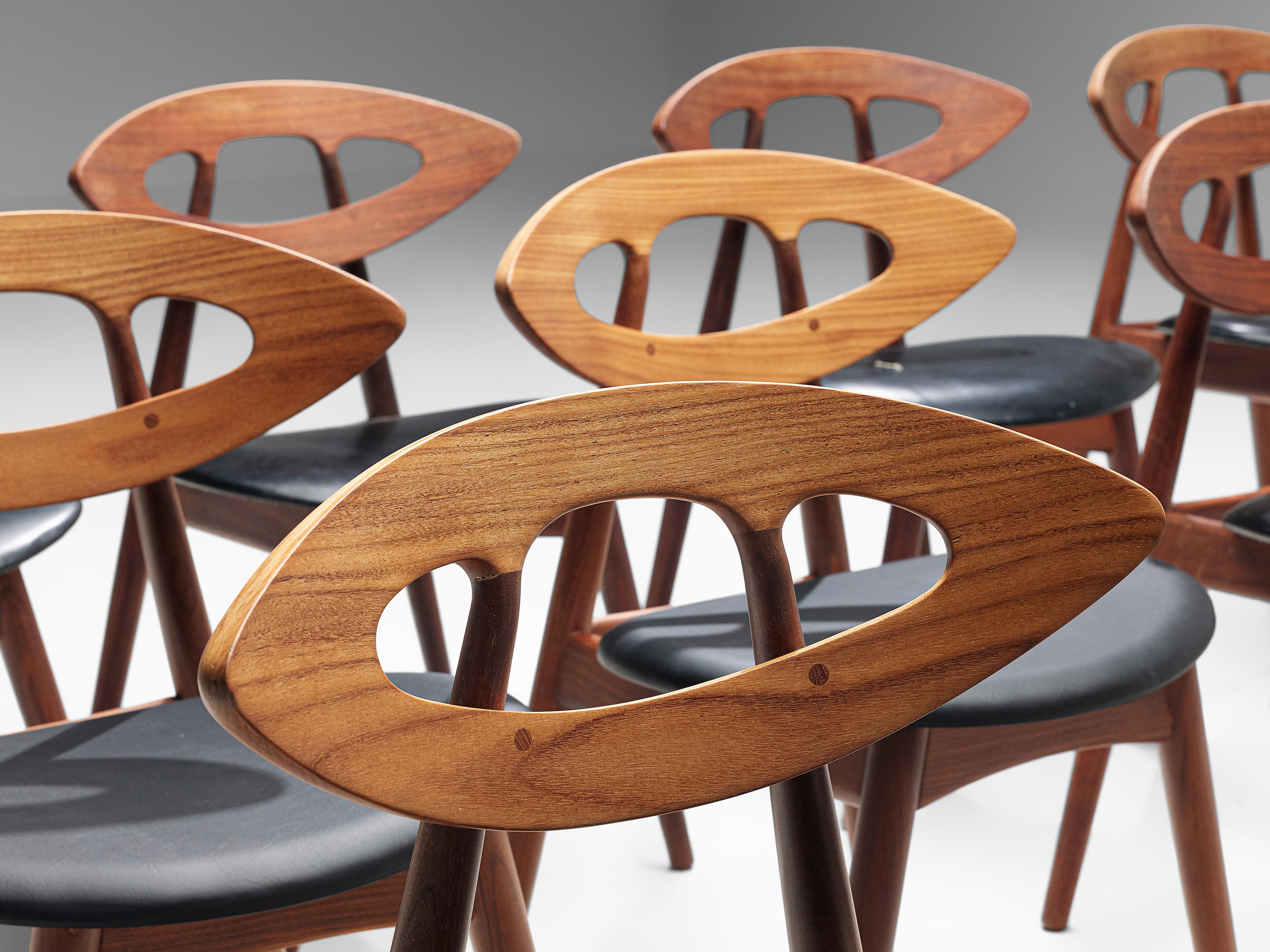 Danish Ejvind A. Johansson Set of 12 ‘Eye’ Dining Chairs in Teak and Leather
