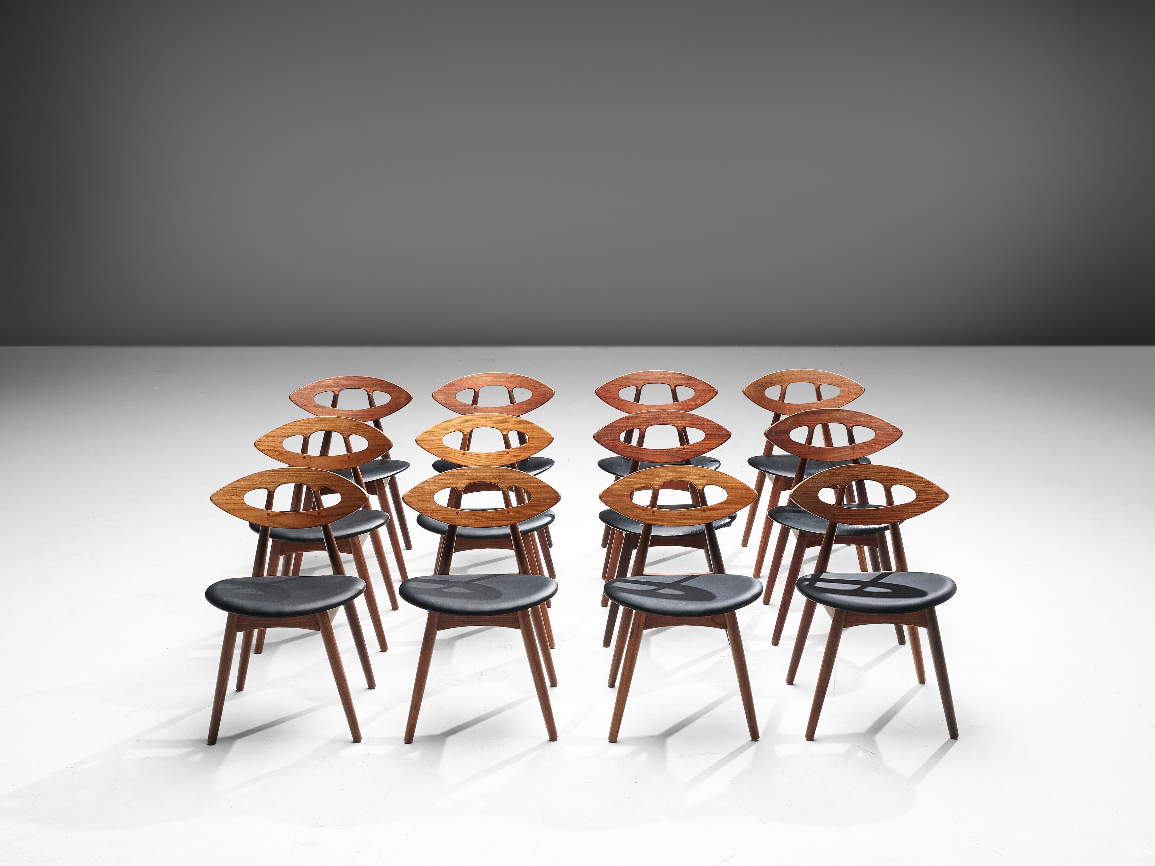 Ejvind A. Johansson Set of 12 ‘Eye’ Dining Chairs in Teak and Leather In Good Condition In Waalwijk, NL