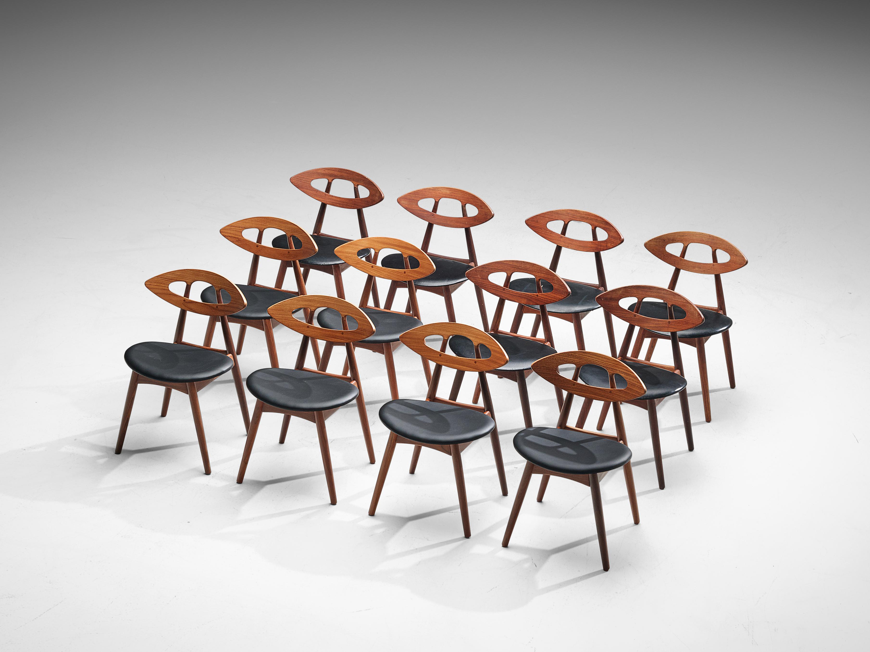 Mid-20th Century Ejvind A. Johansson Set of 12 ‘Eye’ Dining Chairs in Teak and Leather