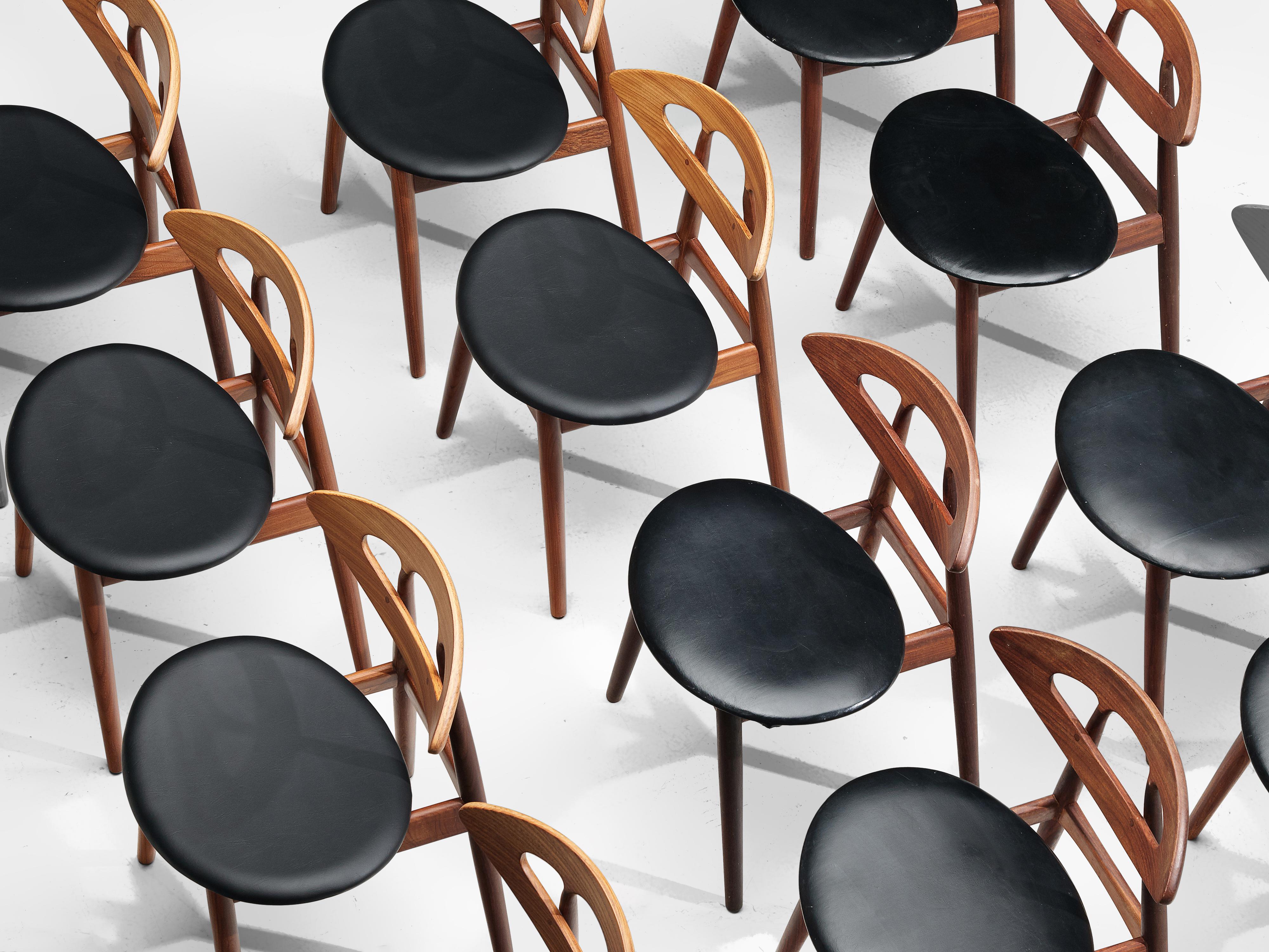 Ejvind A. Johansson Set of 12 ‘Eye’ Dining Chairs in Teak and Leather 1