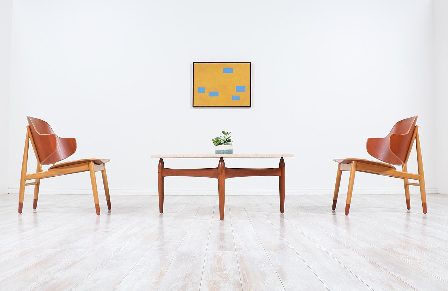 Danish Ejvind A. Johansson Travertine and Teak Round Coffee Table