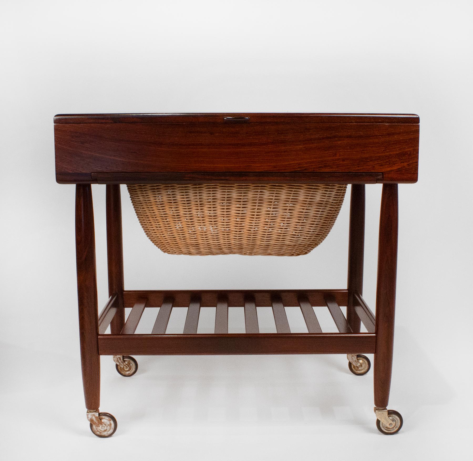 Scandinavian Modern Ejvind Johansson Rosewood Sewing Cabinet with Wicker Basket Danish Modern For Sale
