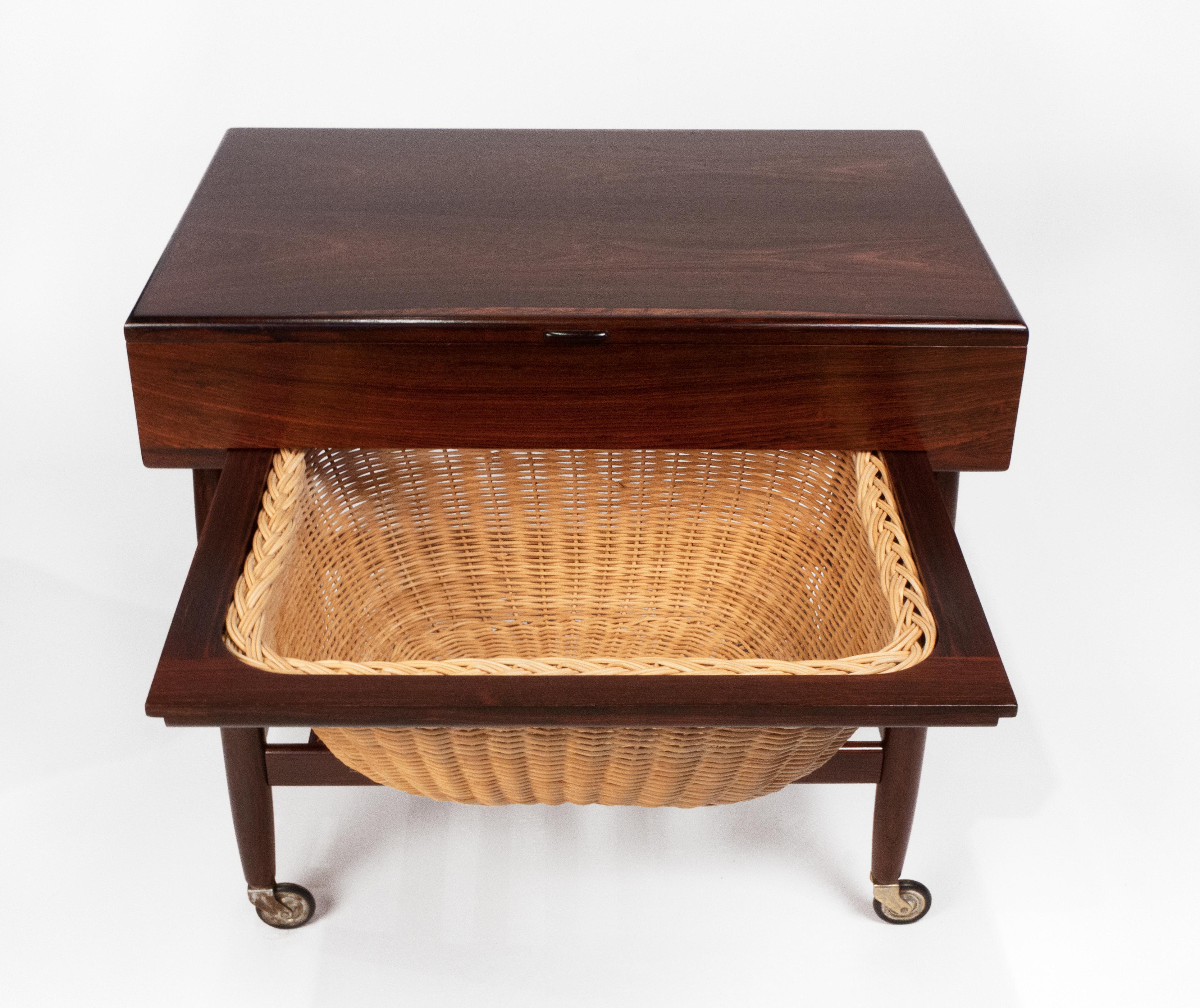 Ejvind Johansson Rosewood Sewing Cabinet with Wicker Basket Danish Modern In Good Condition For Sale In Dallas, TX