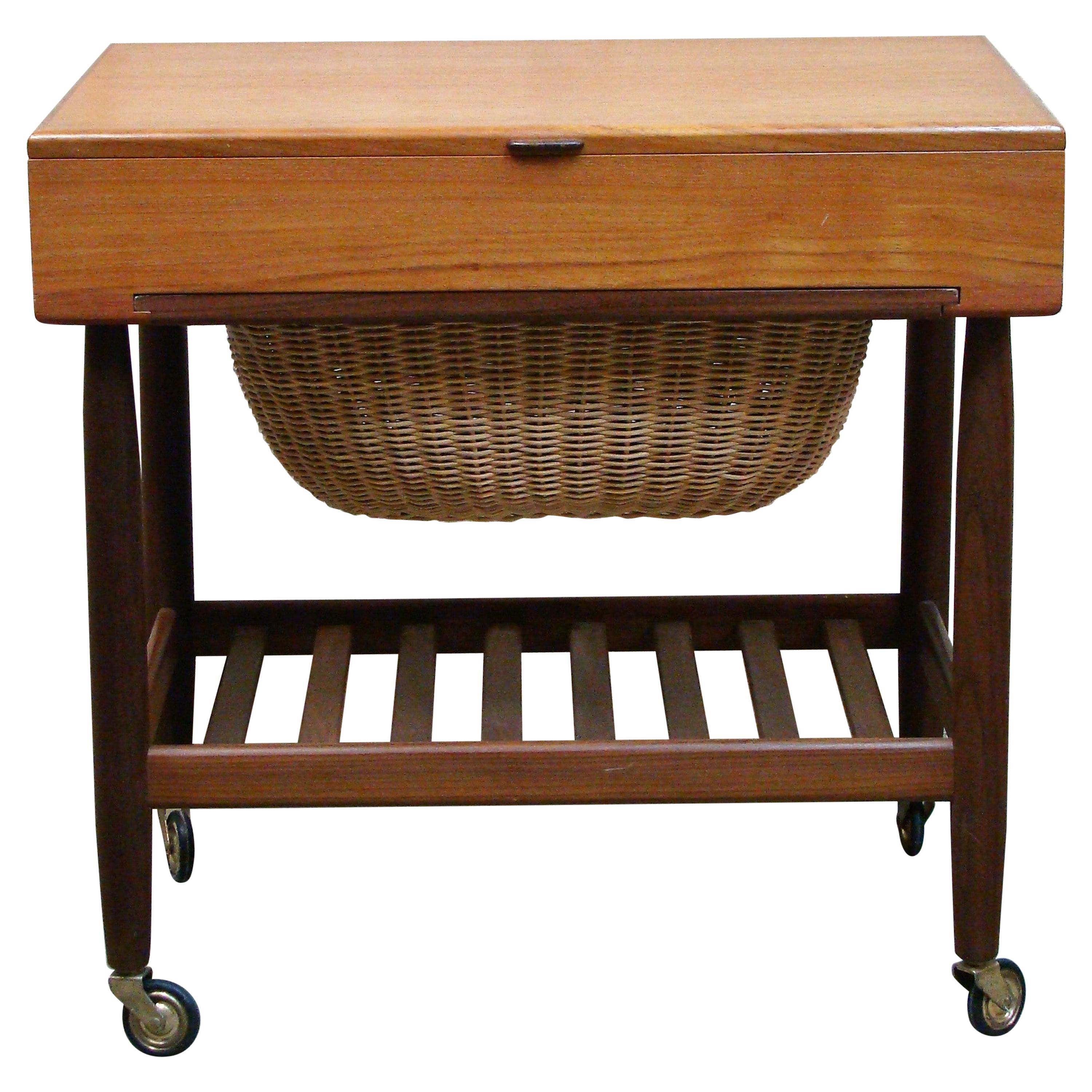 Ejvind Johansson Teak and Walnut Sewing Cabinet with Wicker Yarn Basket Denmark