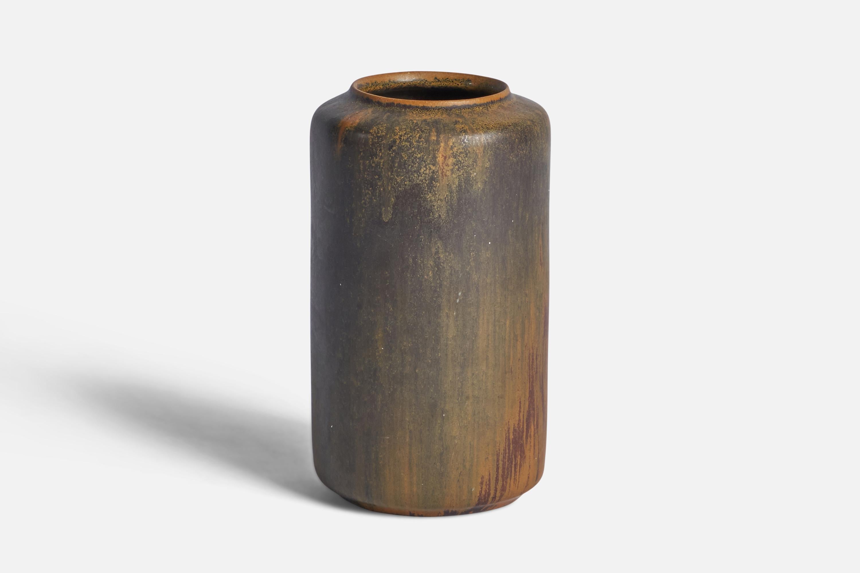 A brown and grey-glazed stoneware vase designed and produced by Ejvind Nielsen, Denmark, c. 1960s.