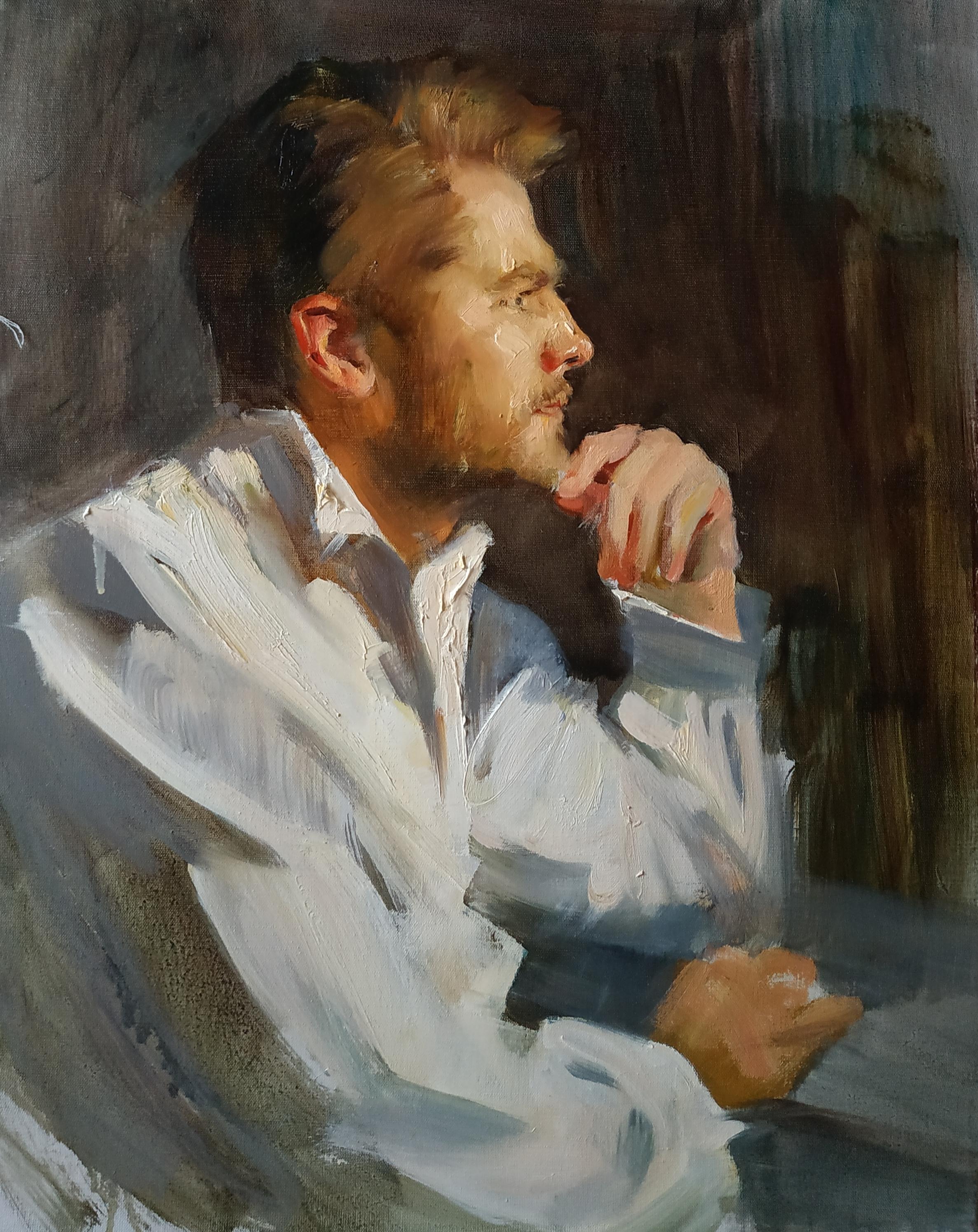 Ekaterina Bryleva Figurative Painting - The Thinker - 21st Century Contemporary Romantic Male Portrait Oil Painting