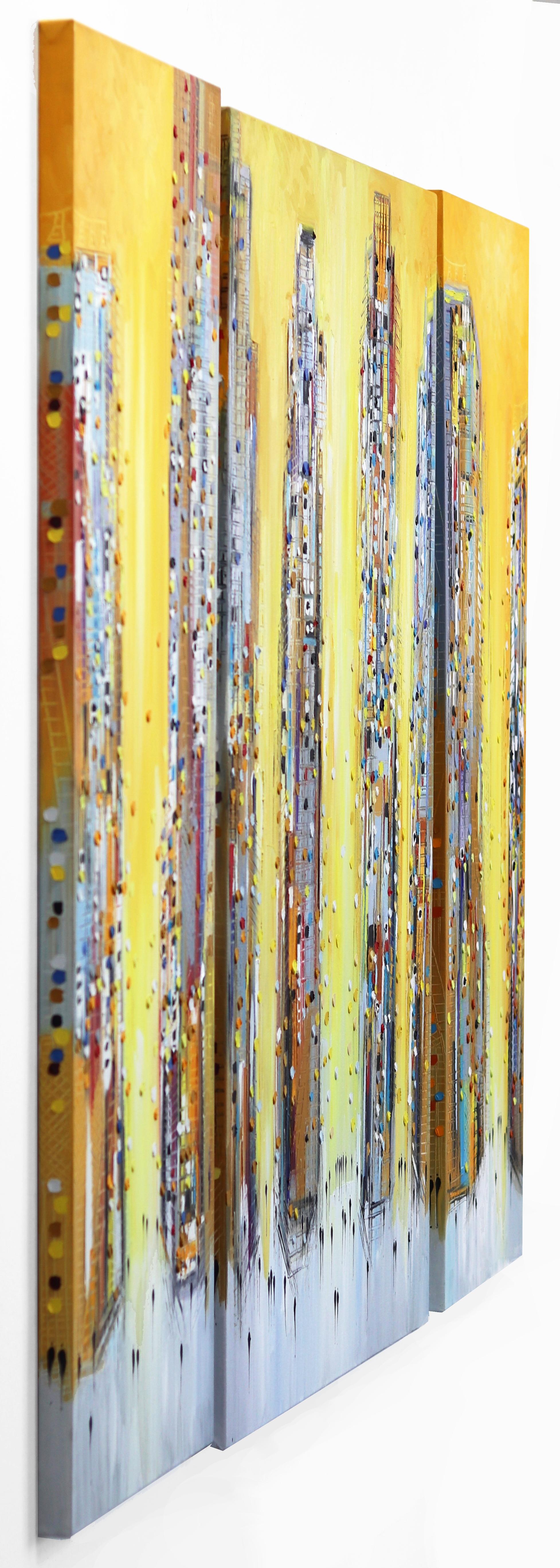 A Sun Kissed City (Triptych) - Large Yellow Textural Cityscape Oil Painting For Sale 1