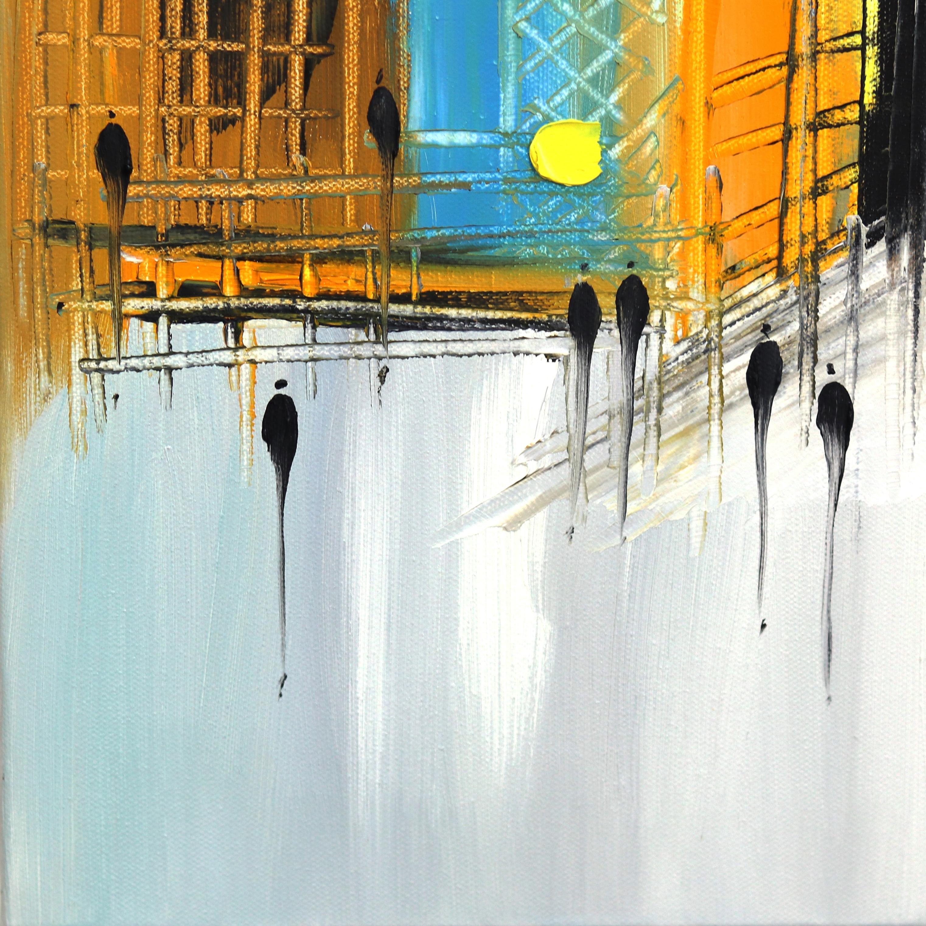 A Sun Kissed City (Triptych) - Large Yellow Textural Cityscape Oil Painting For Sale 4