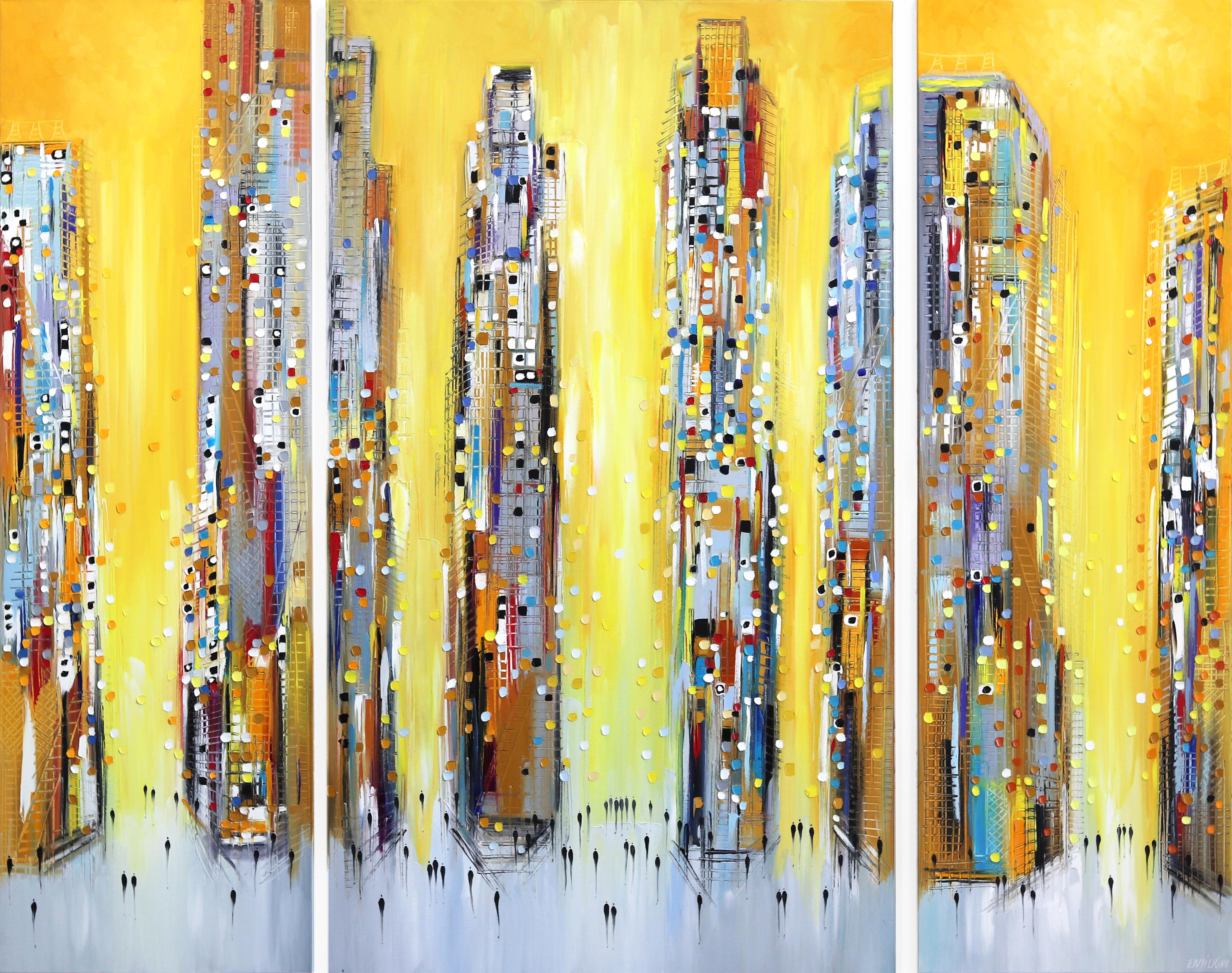 Ekaterina Ermilkina Abstract Painting - A Sun Kissed City (Triptych) - Large Yellow Textural Cityscape Oil Painting