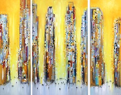 A Sun Kissed City (Triptychon) - Große gelbe texturierte Stadtlandschaft, Ölgemälde