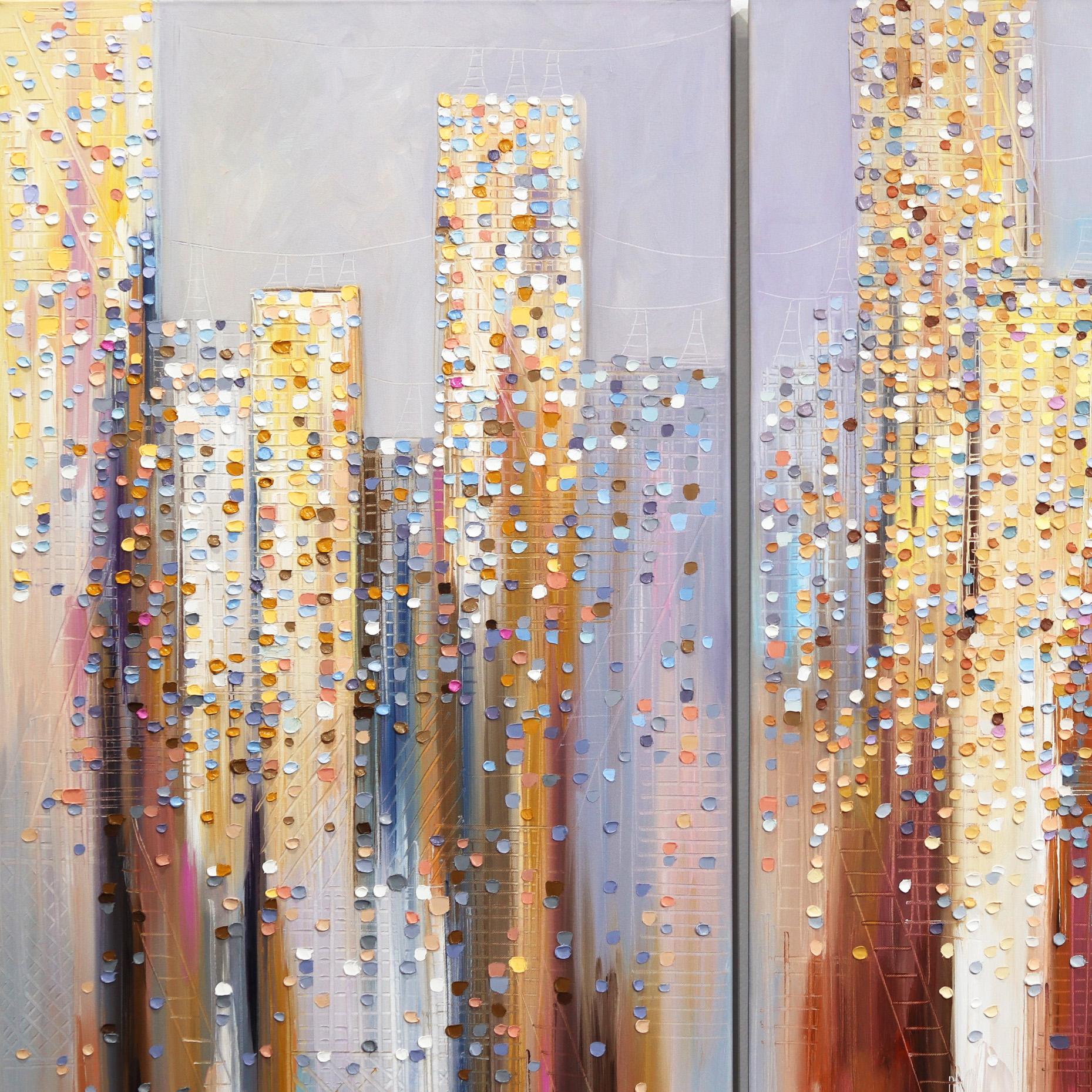 City In The Clouds (Triptych)  - Original Textural Oil Painting on Canvas - Gray Abstract Painting by Ekaterina Ermilkina