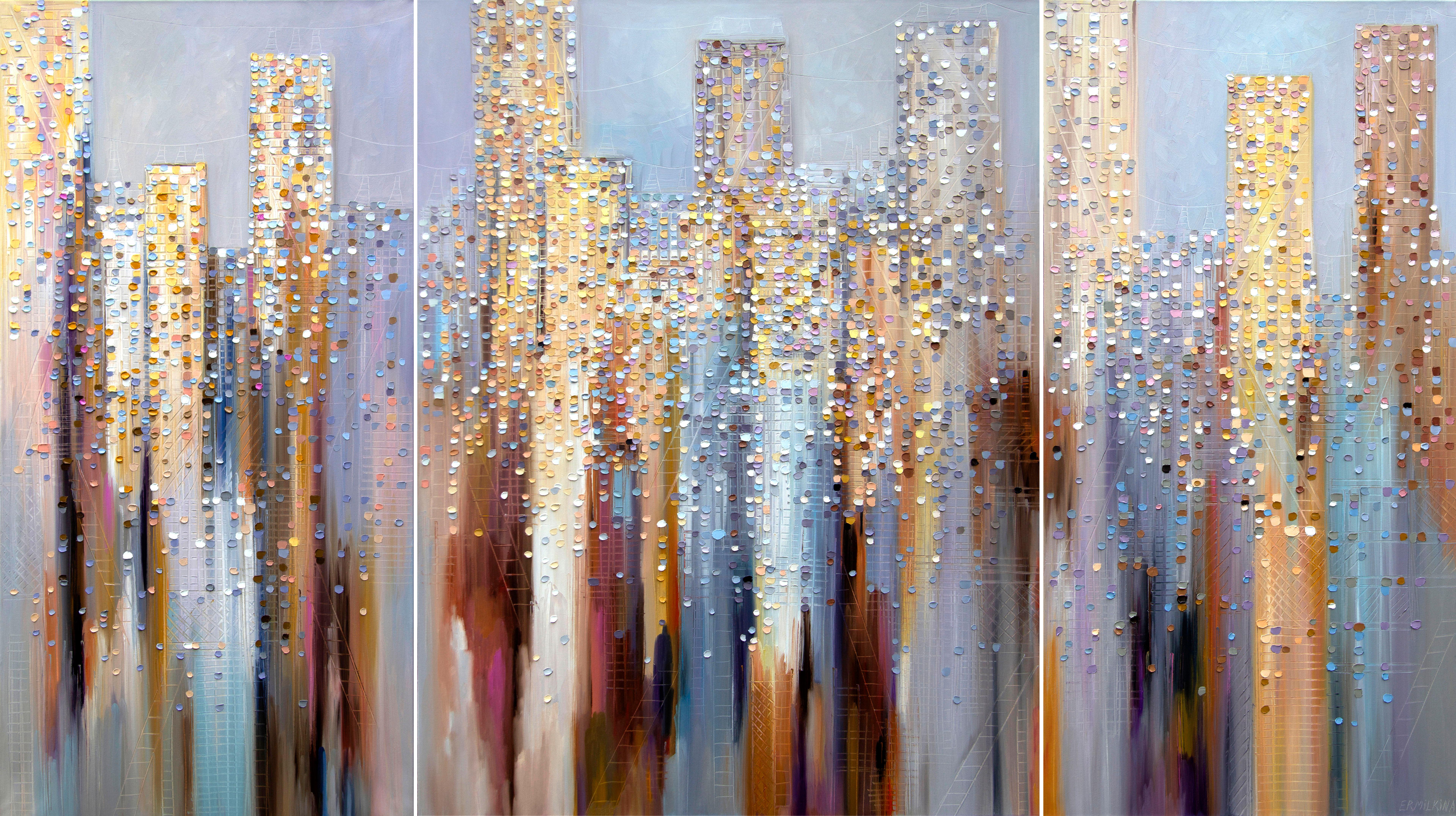 Ekaterina Ermilkina Abstract Painting - City In The Clouds (Triptych)  - Original Textural Oil Painting on Canvas