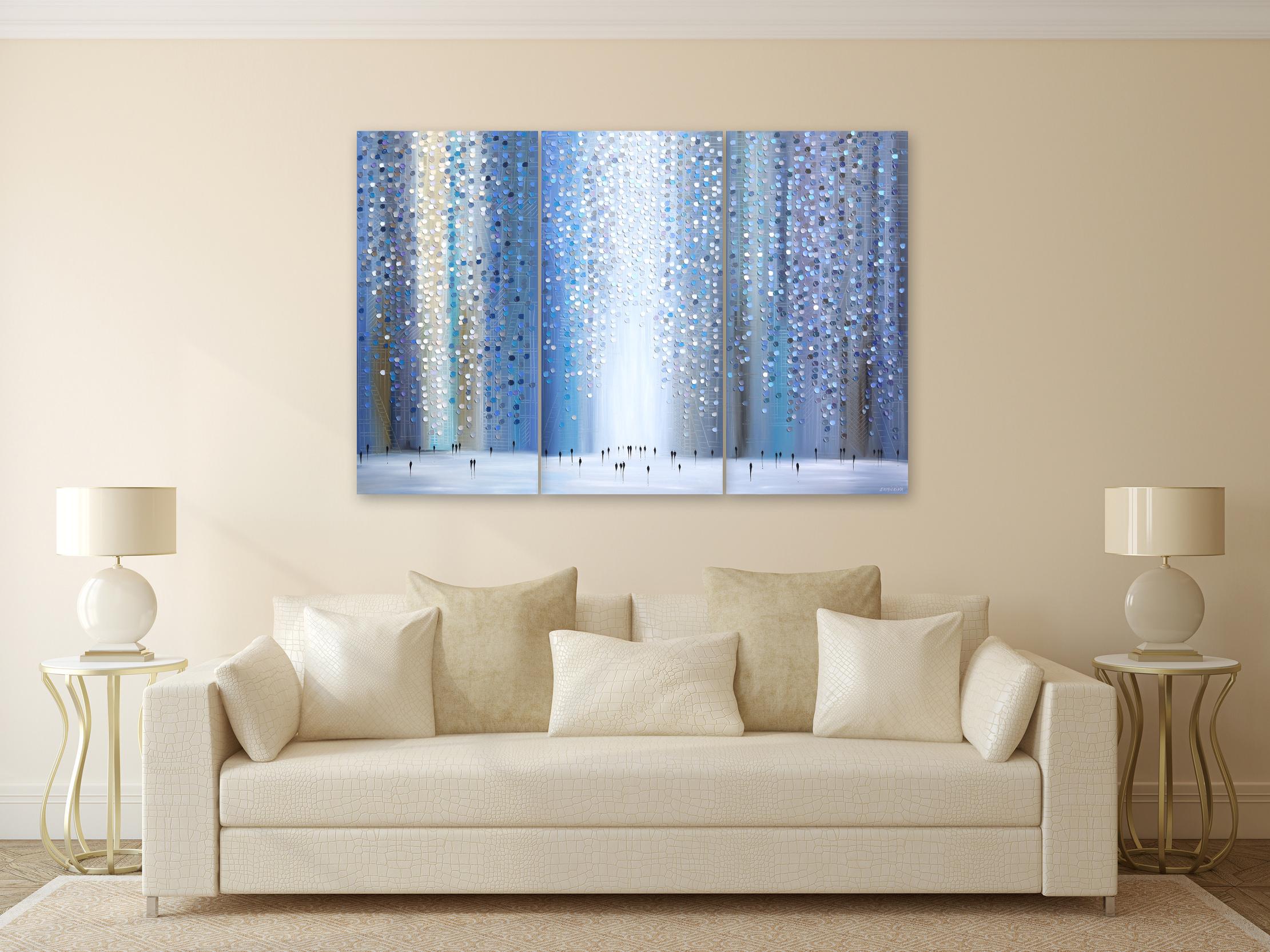 City Mood (Triptych) - Large Soft Cool Tone Impasto Oil Painting on Canvas - Blue Landscape Painting by Ekaterina Ermilkina