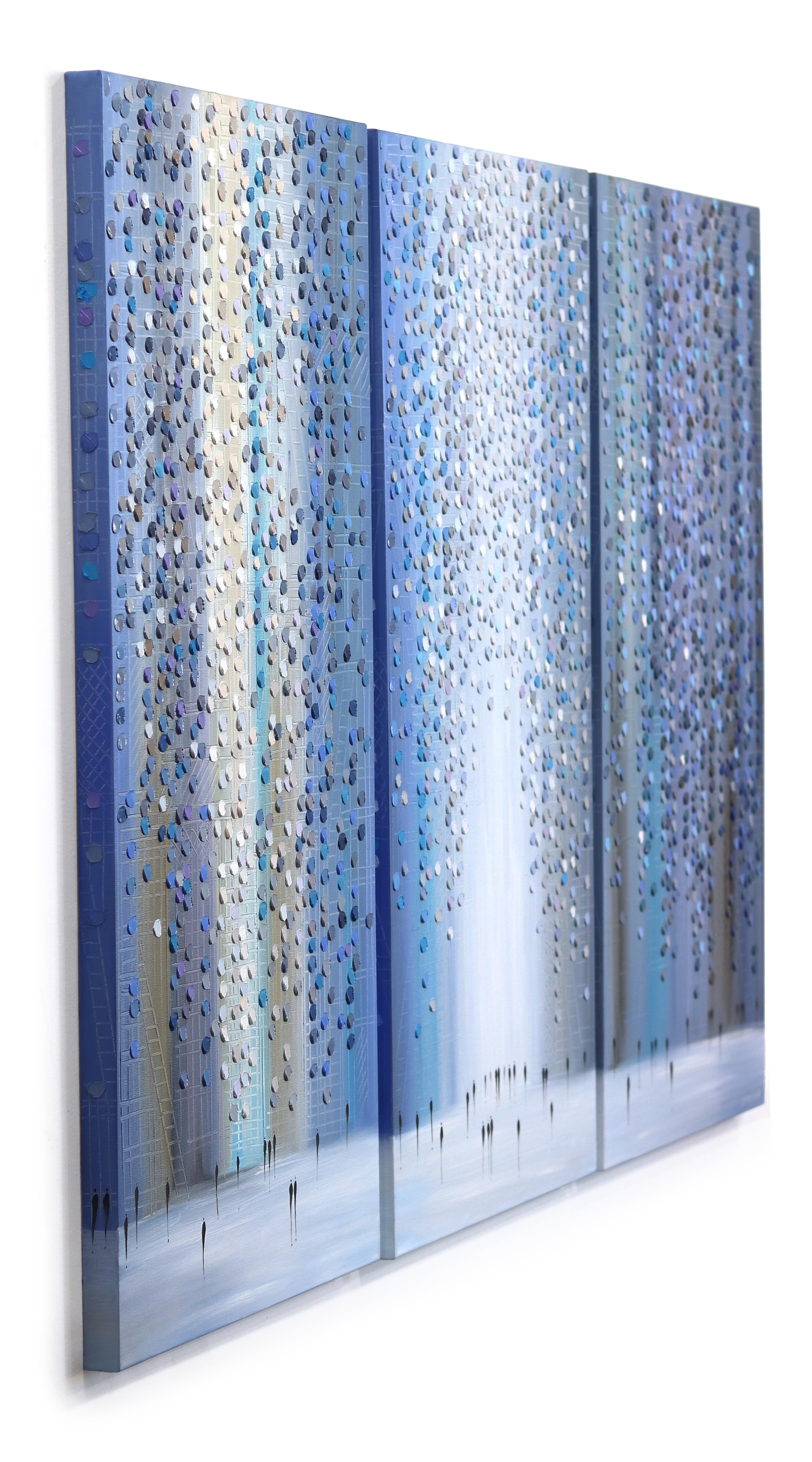 City Mood (Triptych) - Large Soft Cool Tone Impasto Oil Painting on Canvas For Sale 1
