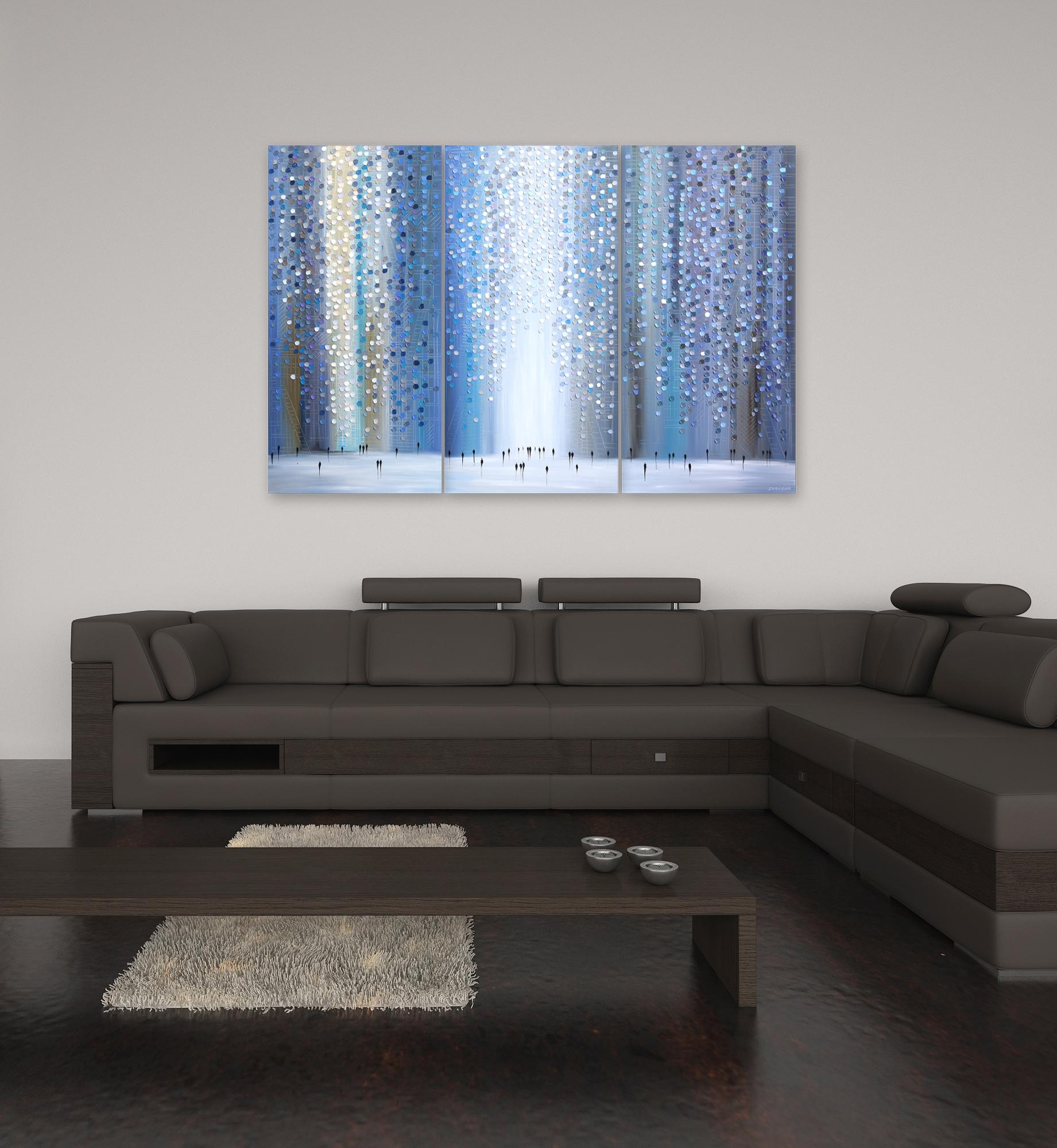 City Mood (Triptych) - Large Soft Cool Tone Impasto Oil Painting on Canvas For Sale 3